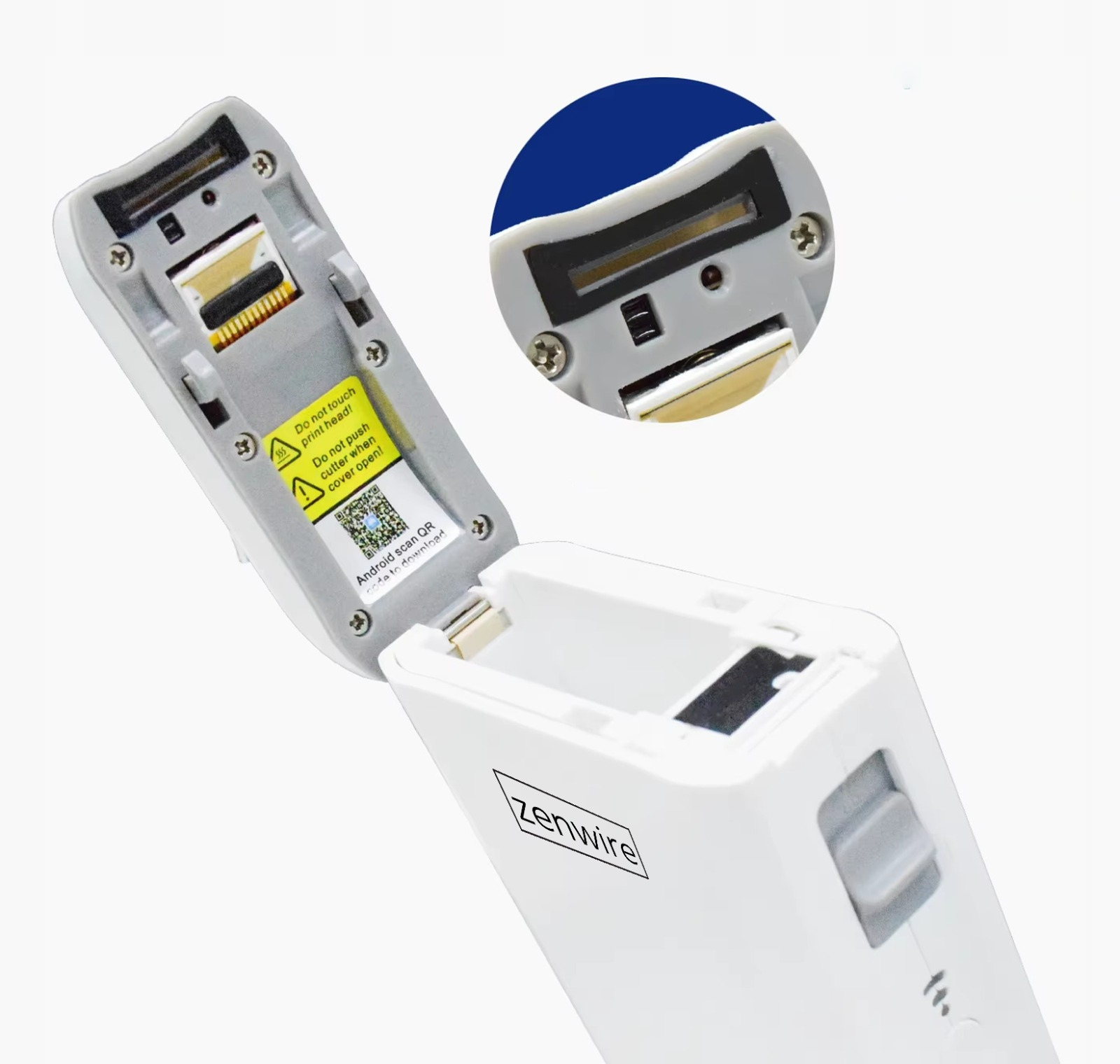 Białe urządzenie z otwartą sekcją pokazującą elementy wewnętrzne. Niebieska wstawka pokazuje szczegóły.