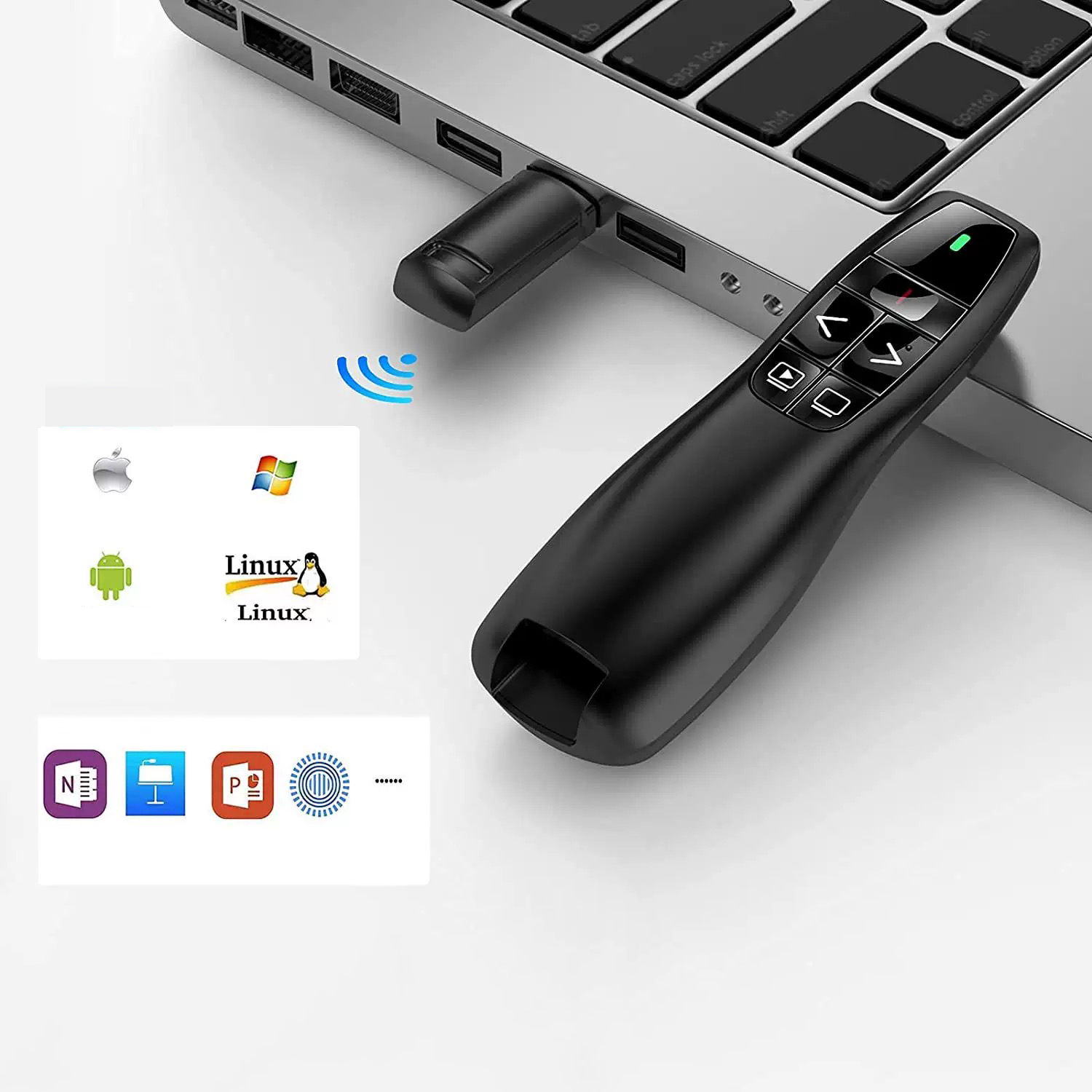 Czarny pilot do prezentacji podłączony do laptopa przez USB. Ikony różnych systemów operacyjnych.