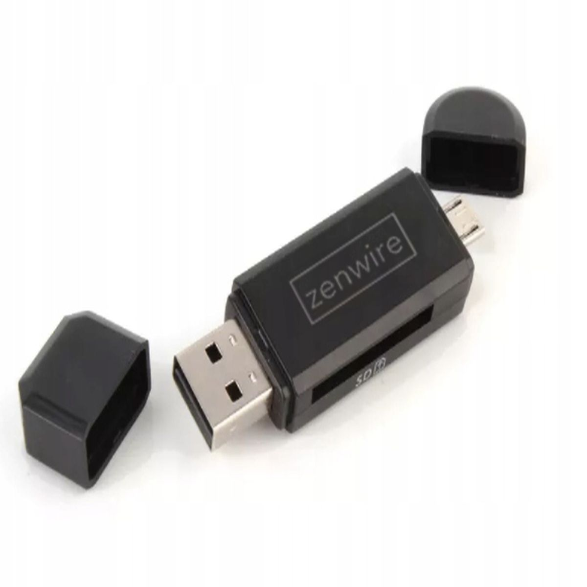 Czarny czytnik kart USB z dwiema czarnymi osłonami ochronnymi. Widoczne złącze USB.