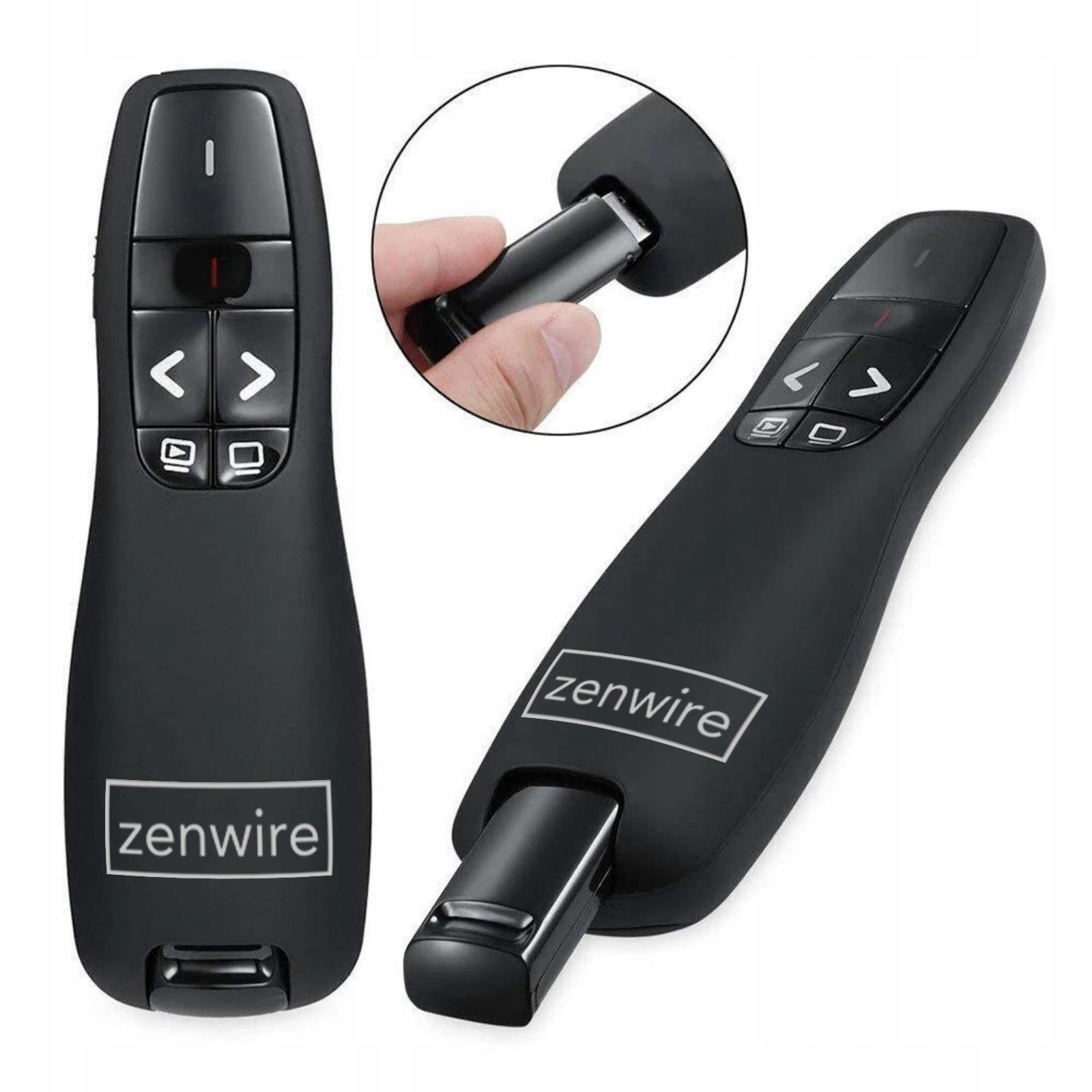 Dwa czarne piloty do prezentacji z logo 'zenwire'. Jeden ma klucz sprzętowy. Białe tło.