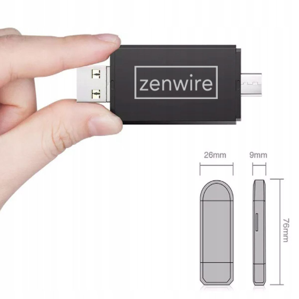 Czarny adapter zenwire trzymany w dłoni. Adapter ma wymiary w mm.