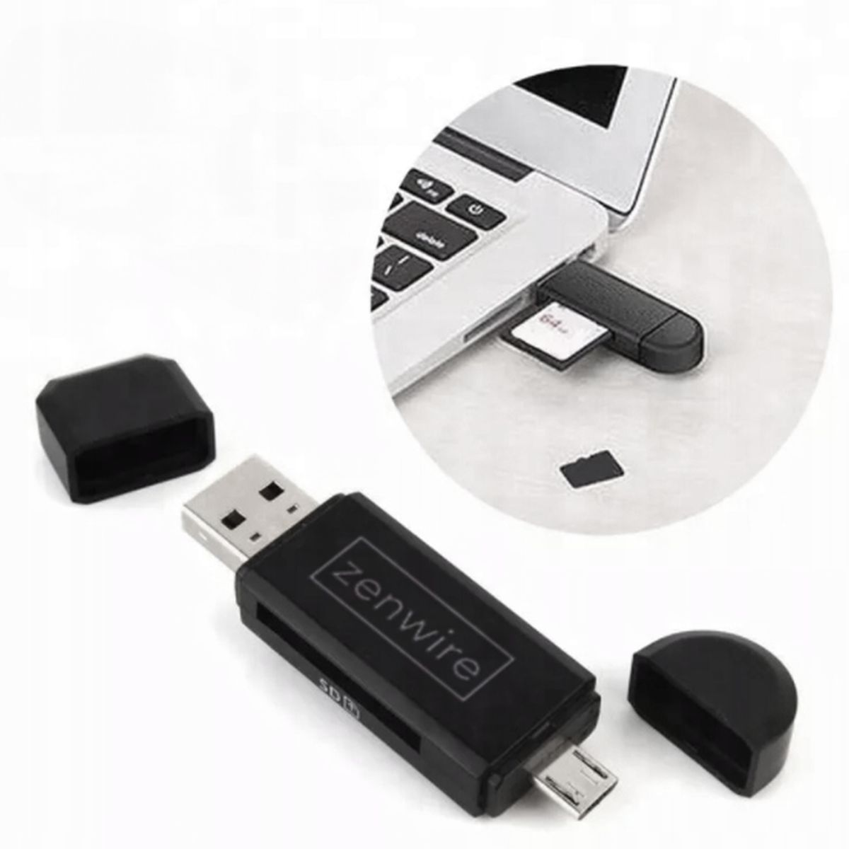 Czarny czytnik kart USB z kartą w środku, podłączony do laptopa. Czarna pokrywa i karta SD.