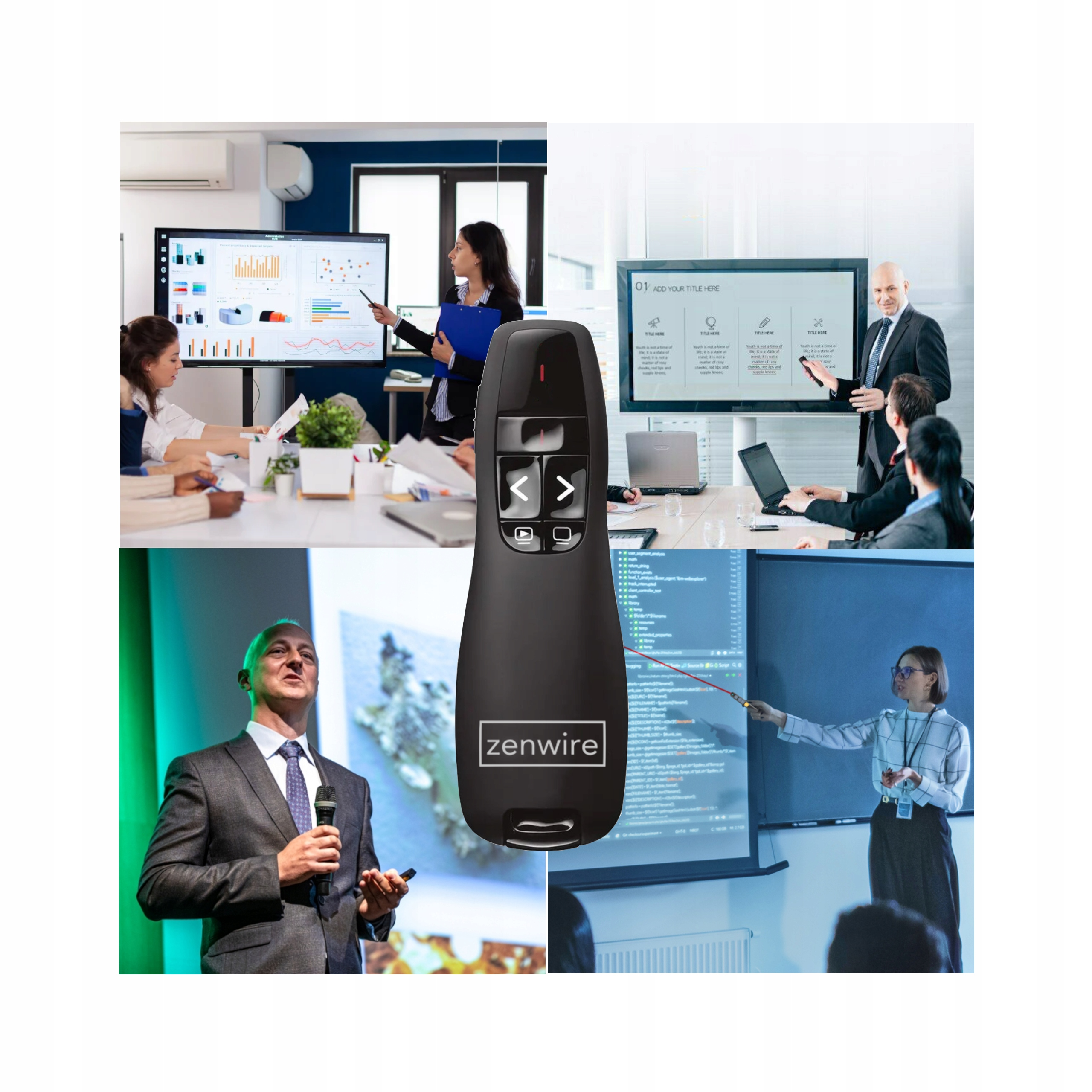 Cztery obrazy: spotkania, prezentacja i osoba mówiąca z pilotem do prezentacji.