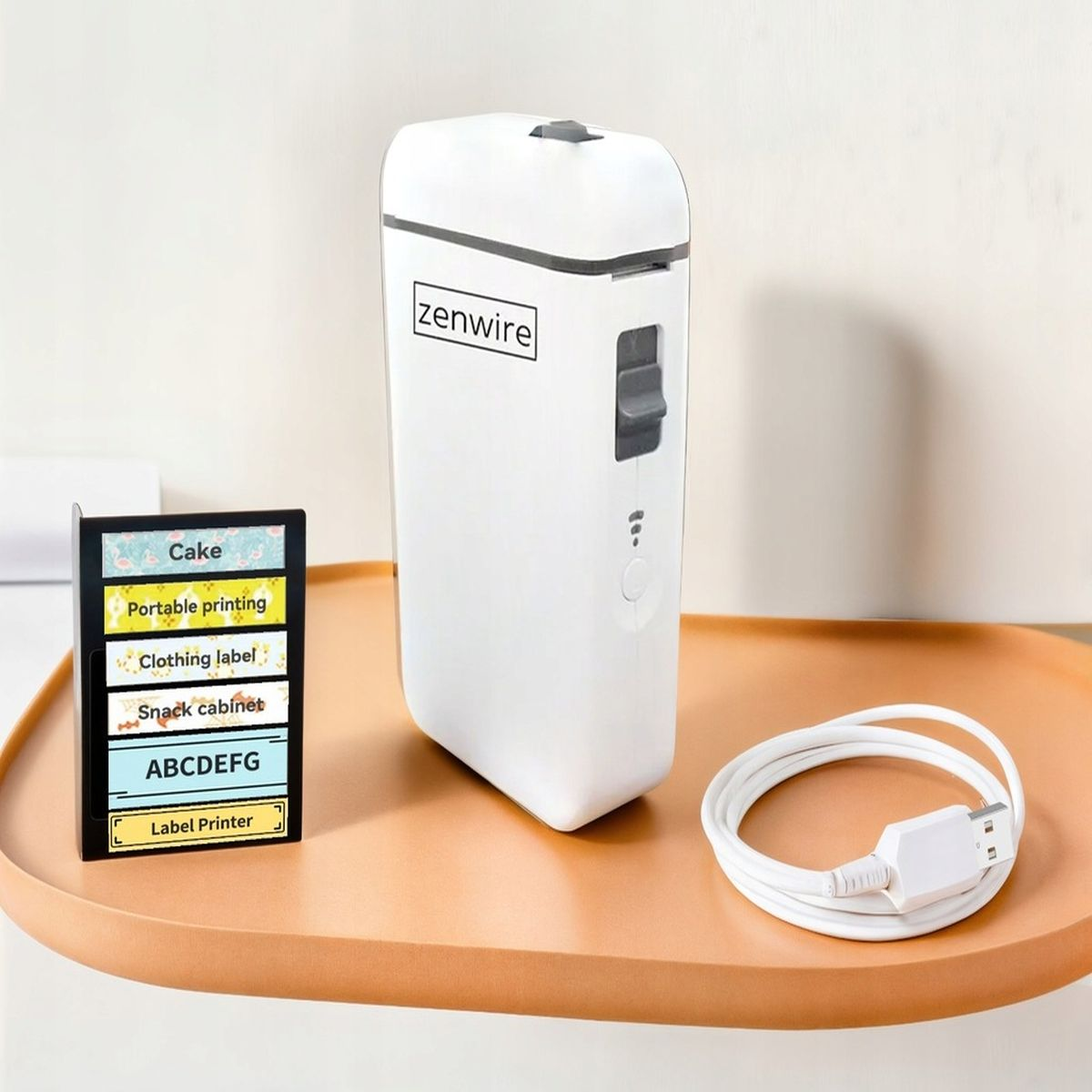 Biała drukarka etykiet z wyświetlaczem etykiet i kablem USB, z przykładowymi etykietami na tacy.