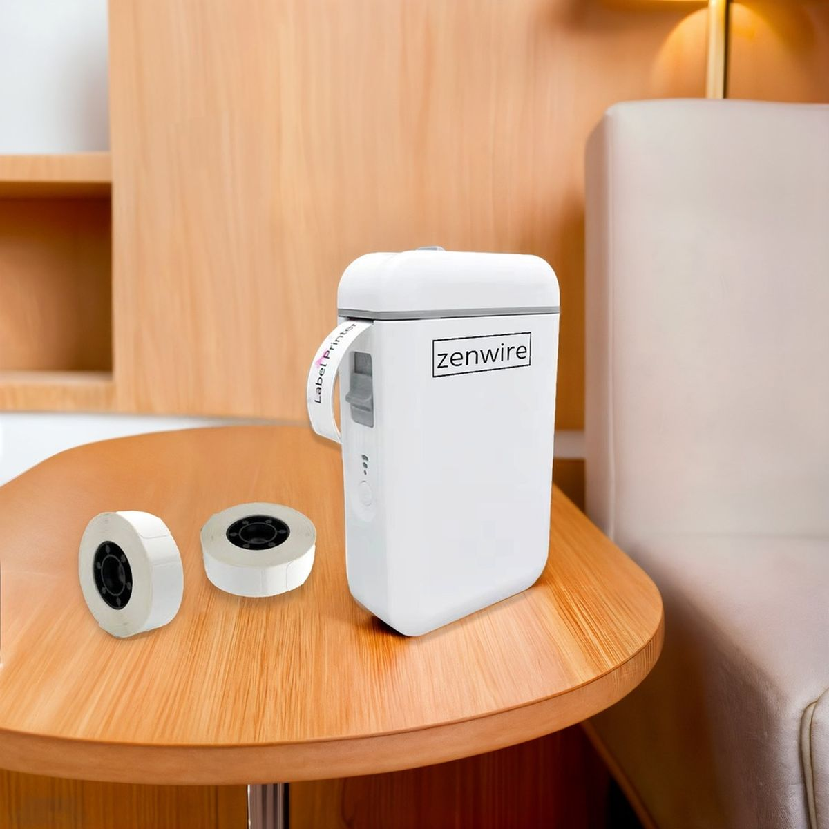 Biała drukarka etykiet z dwoma rolkami etykiet na drewnianym stole.