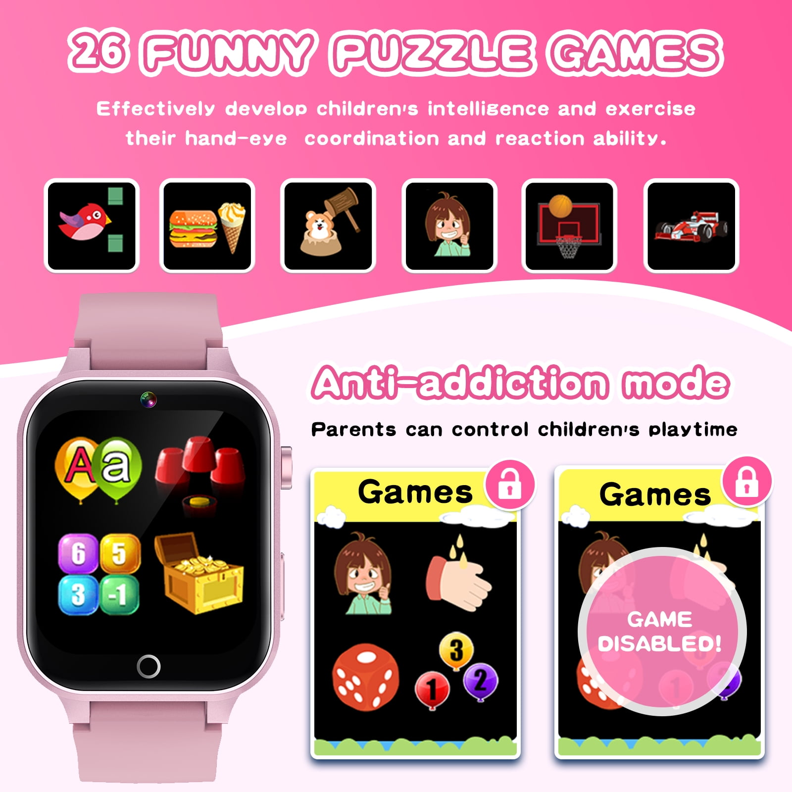Rosa Smartwatch mit Puzzlespiel-Symbolen und Text. Die Uhr zeigt zwei gesperrte Spieloptionen.