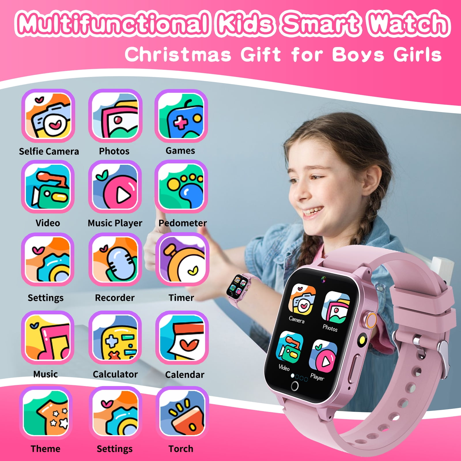 Ein lächelndes Mädchen mit einer rosa Kinder-Smartwatch. Die Uhr zeigt Symbole: Kamera, Fotos, Video und mehr.
