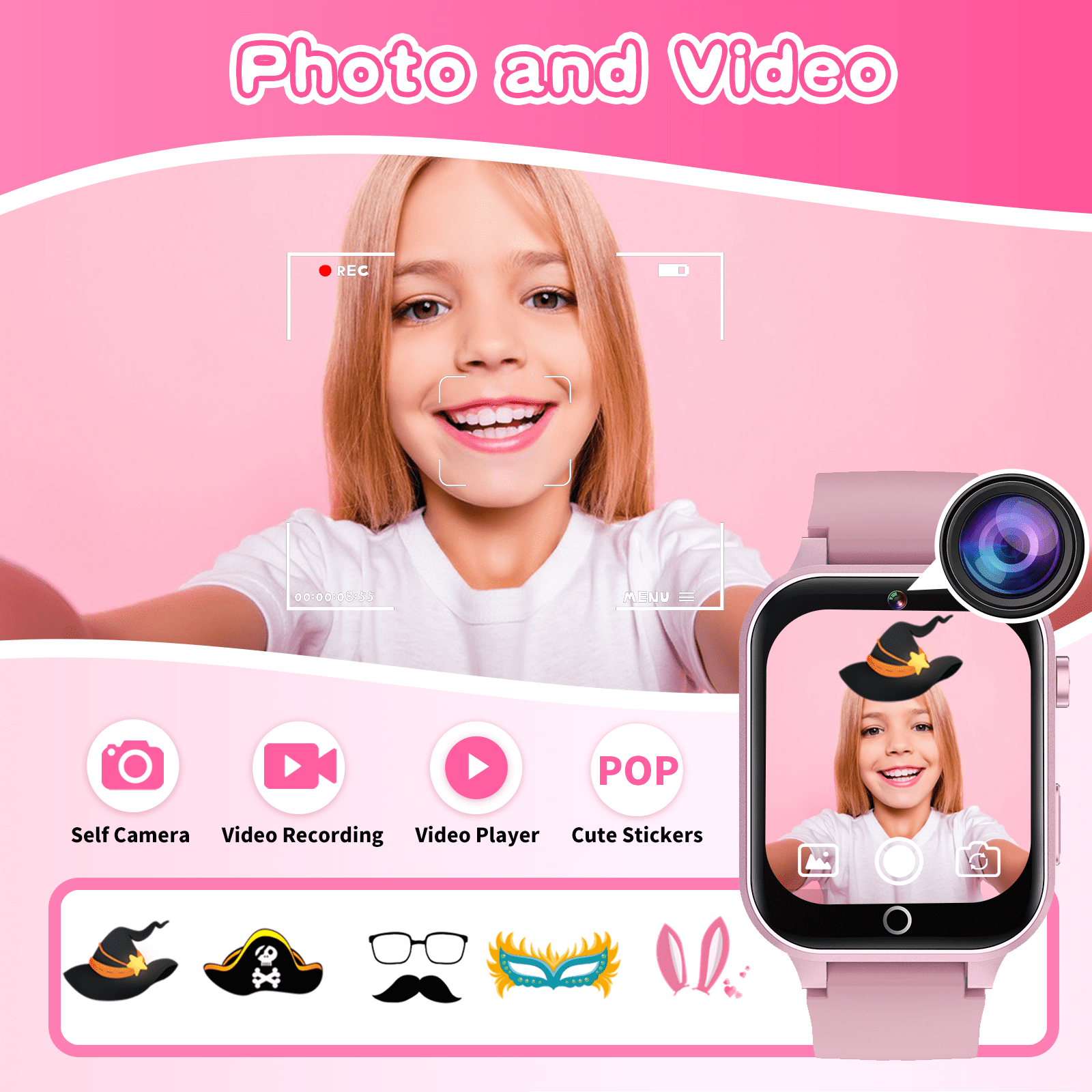 Junges Mädchen macht ein Foto mit einer Smartwatch, mit Foto/Video-Symbolen.