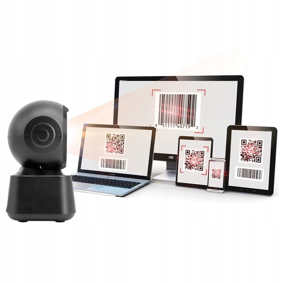 Skaner kodów kreskowych skanuje kody kreskowe wyświetlane na wielu ekranach, w tym na laptopie, tablecie i smartfonie.