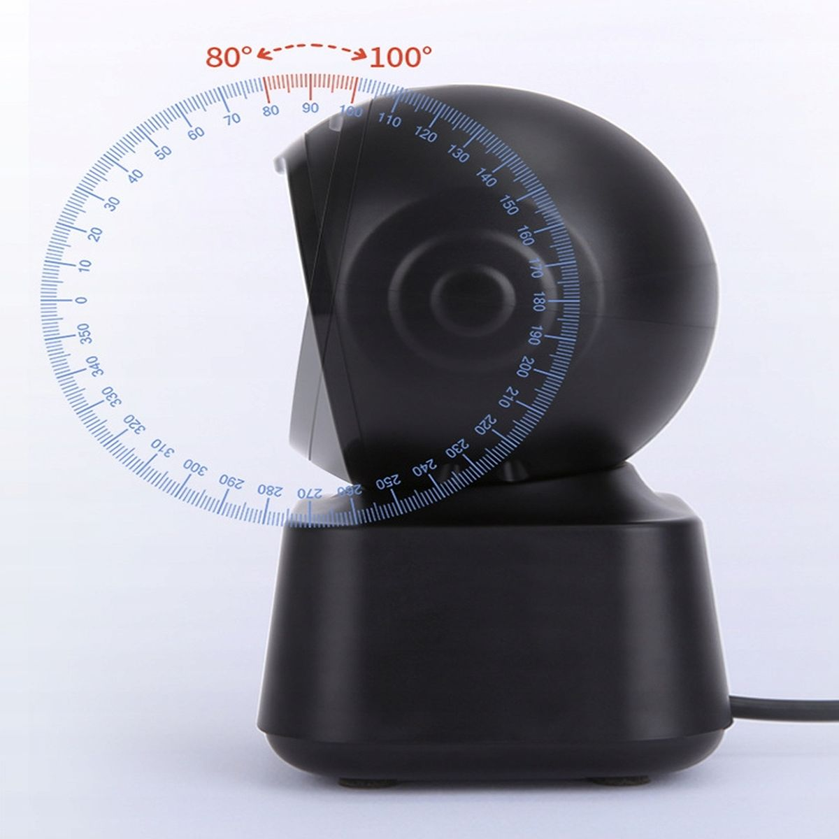 Czarny skaner. Pokazano go pod kątem, ze znacznikami stopni na ekranie. Dołączony jest przewód.