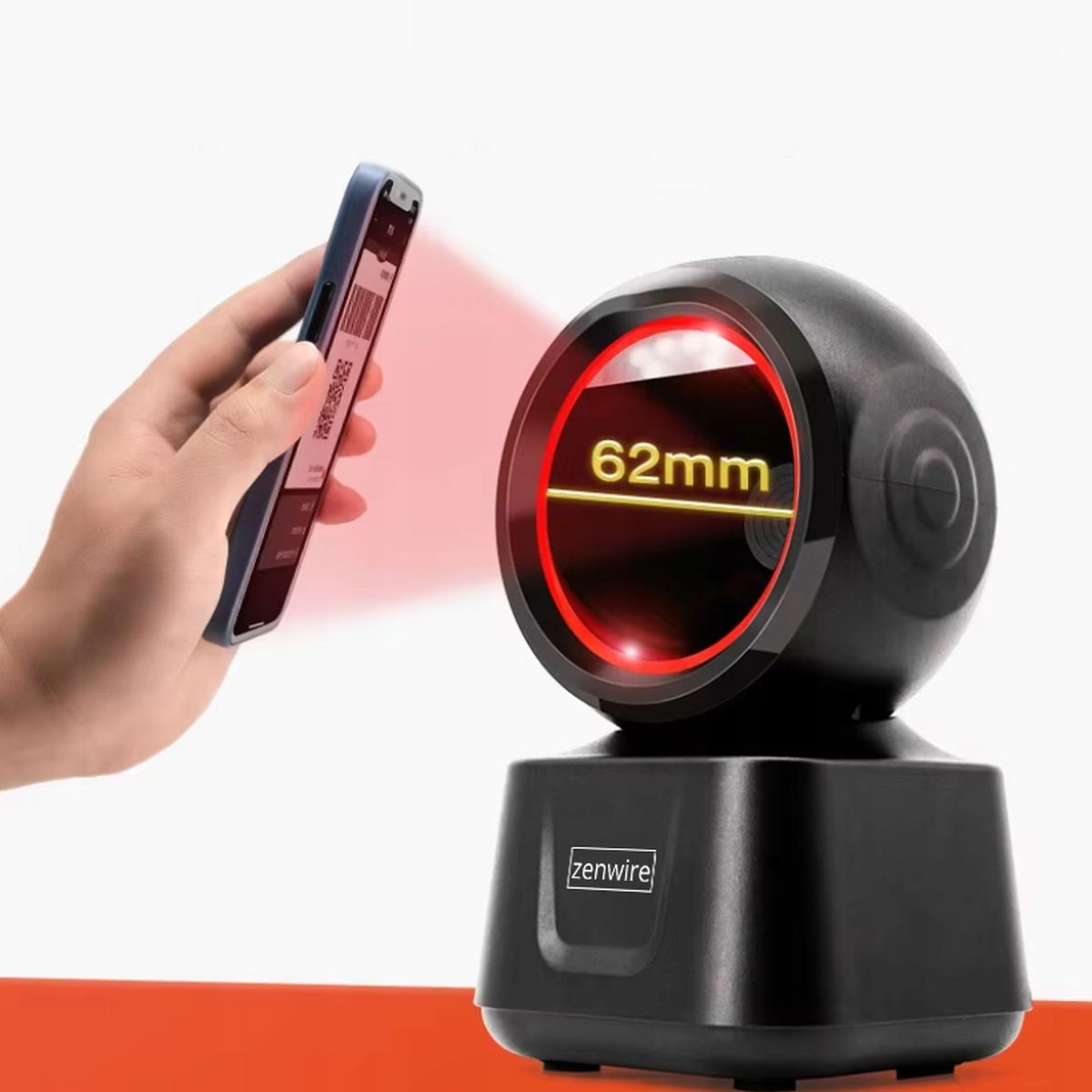 Skaner kodów kreskowych skanuje kod kreskowy na telefonie, z czerwonym światłem i etykietą.