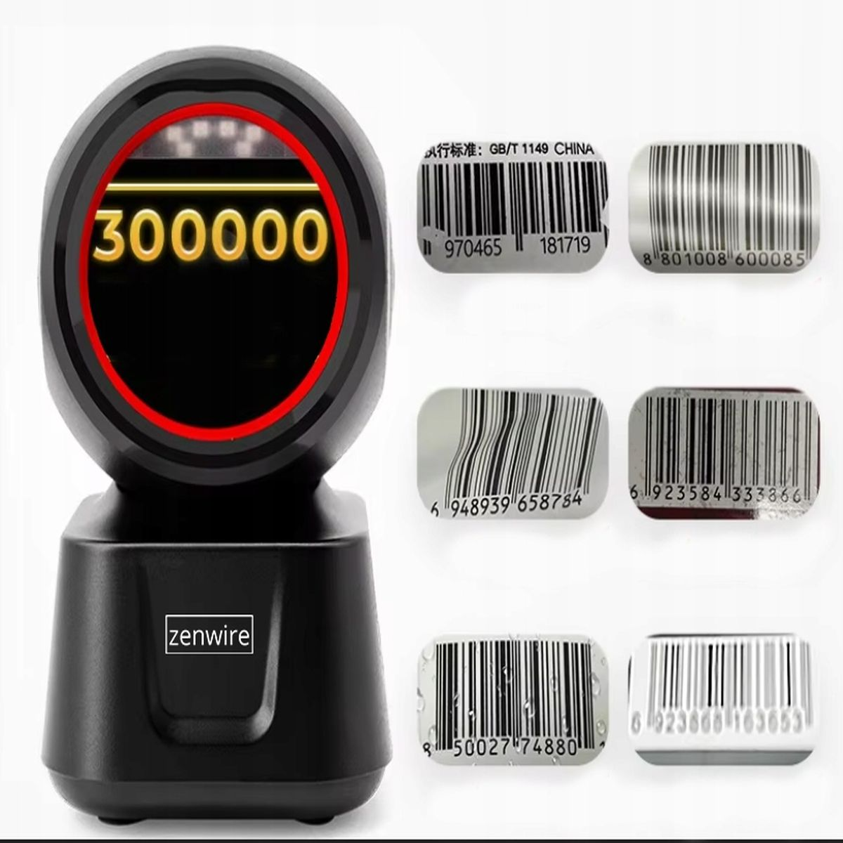 Czarny skaner kodów kreskowych z kilkoma kodami kreskowymi. Skaner ma czerwone światło wokół górnej części.