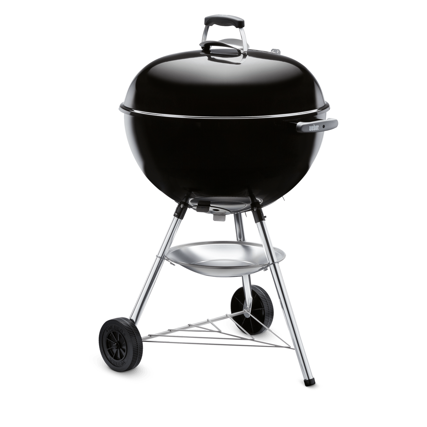 Griglia Weber nera su sfondo bianco, con ruote e coperchio.