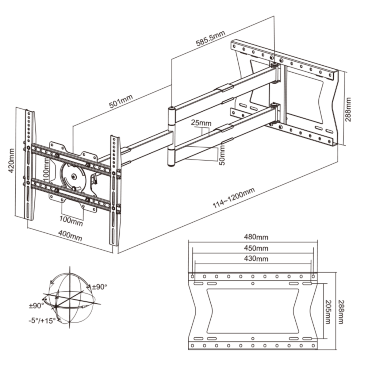 Dessin technique d'un support mural, montrant les dimensions et les plages d'articulation.