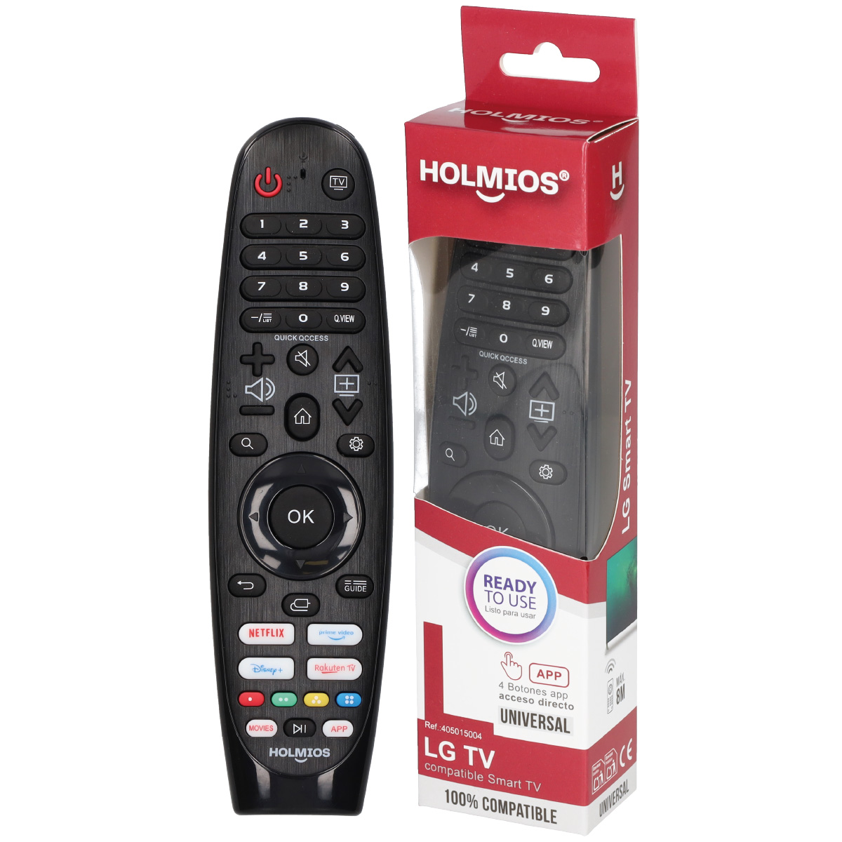 Mando a distancia LG Smart TV y su caja. El mando es negro con muchos botones. La caja es roja y blanca.