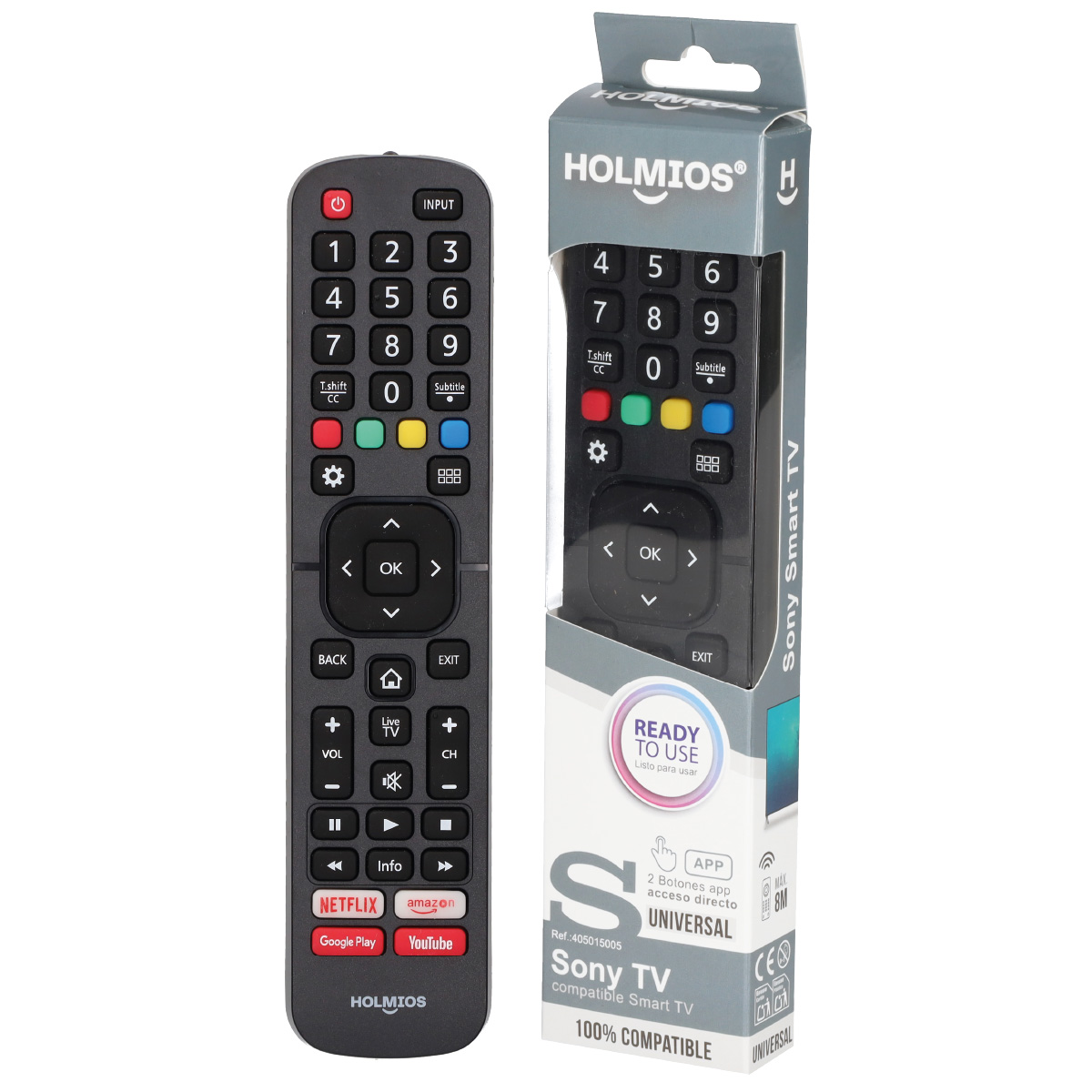 Mando a distancia negro con muchos botones y caja. Contiene números, volumen y Netflix.