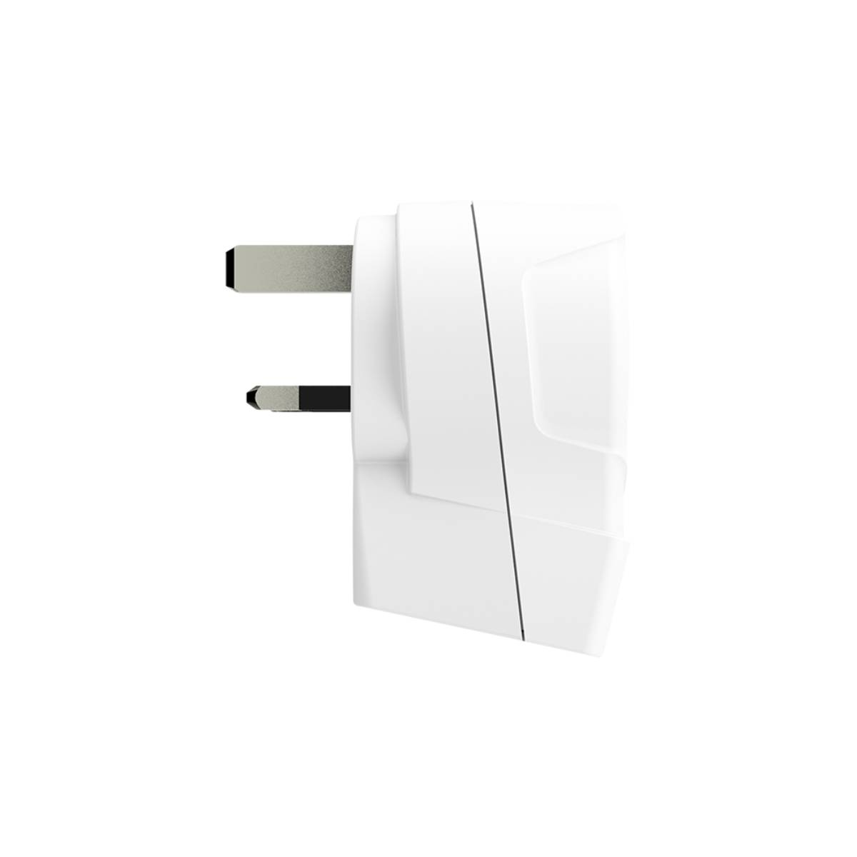 Spina elettrica bianca con due spine, su sfondo bianco.