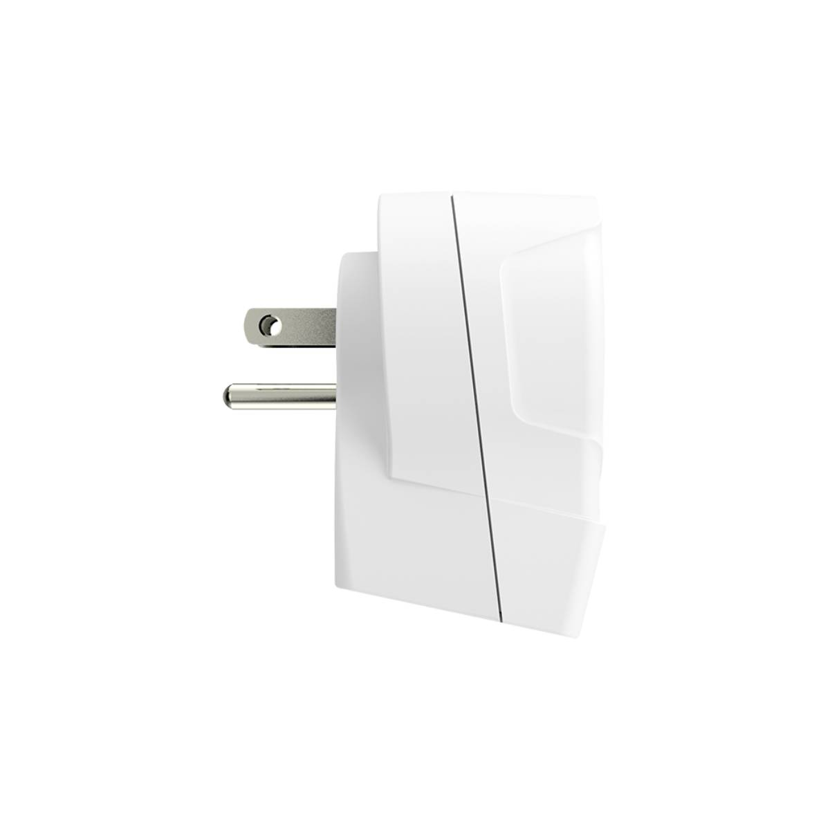 Weißer US-Steckeradapter, Seitenansicht, isoliert auf weißem Hintergrund.