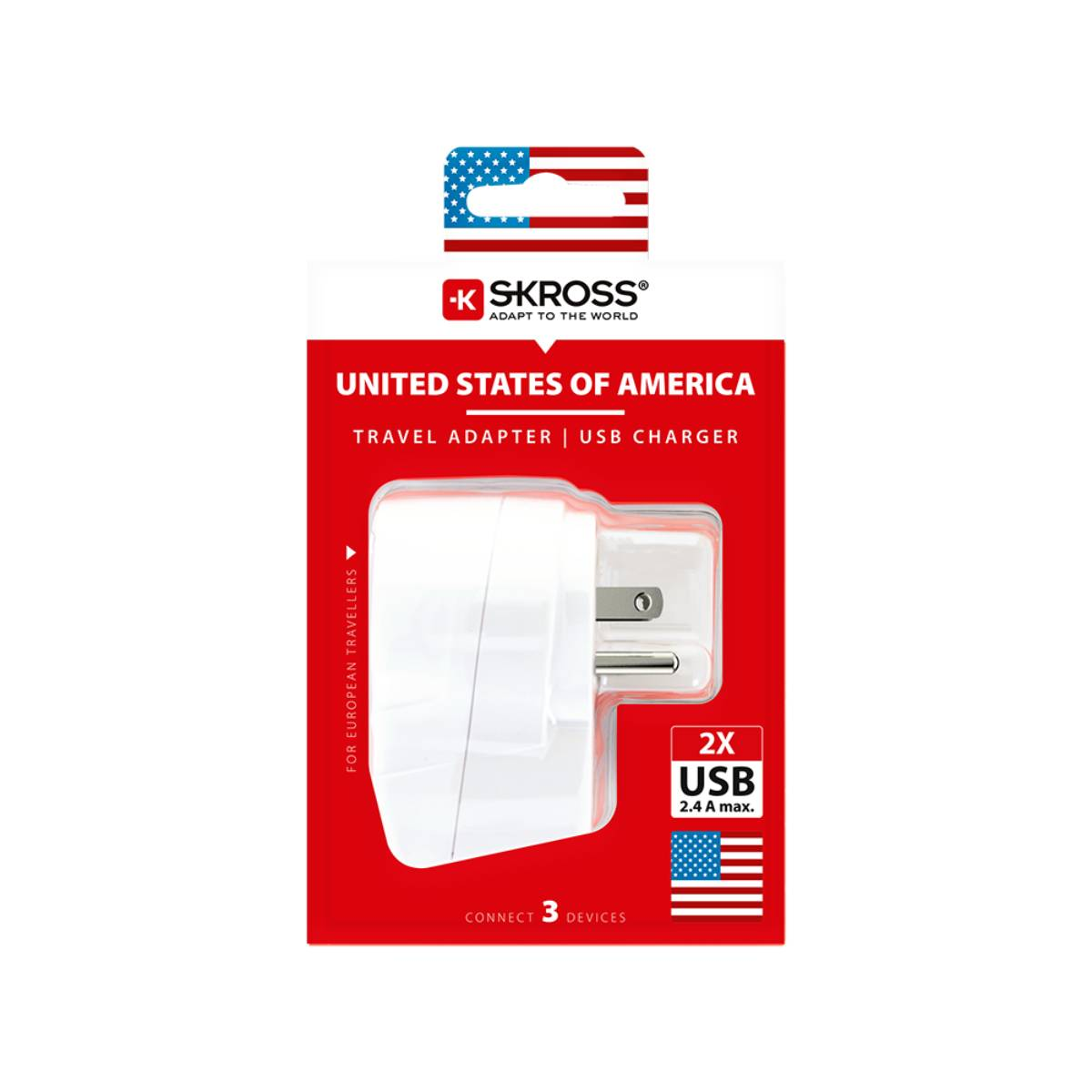 Weißer Reiseadapter mit US-Stecker, verpackt in einer rot-weißen Box mit US-Flagge und Text.