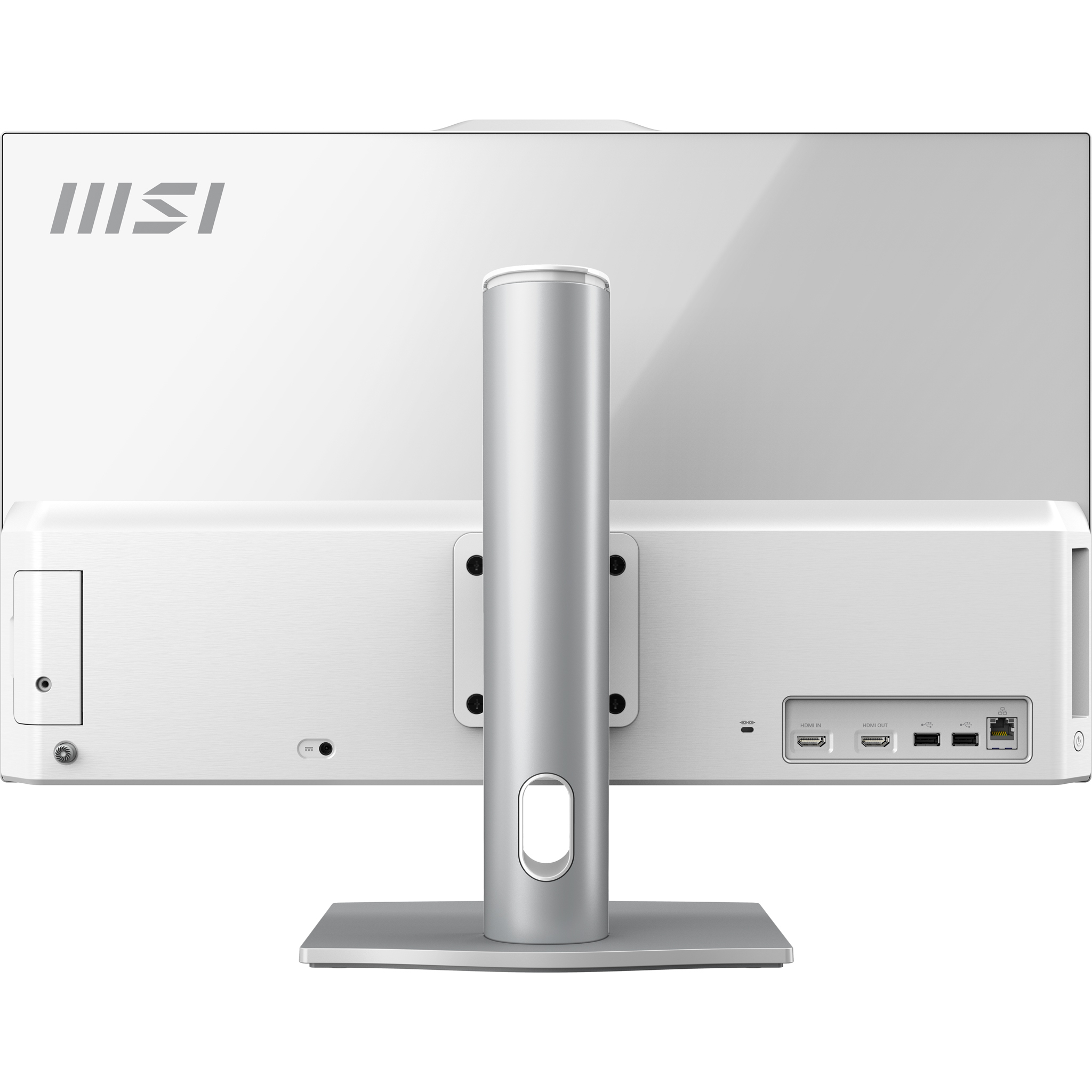 Rückansicht des weißen Computermonitors. Silberner Ständer, Anschlüsse und MSI-Logo. Weißer Hintergrund.
