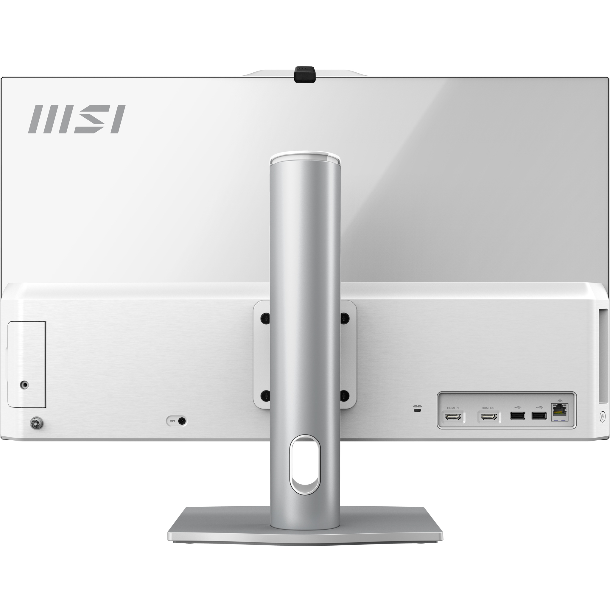 Rückansicht eines weißen Computermonitors mit Anschlüssen und Ständer.