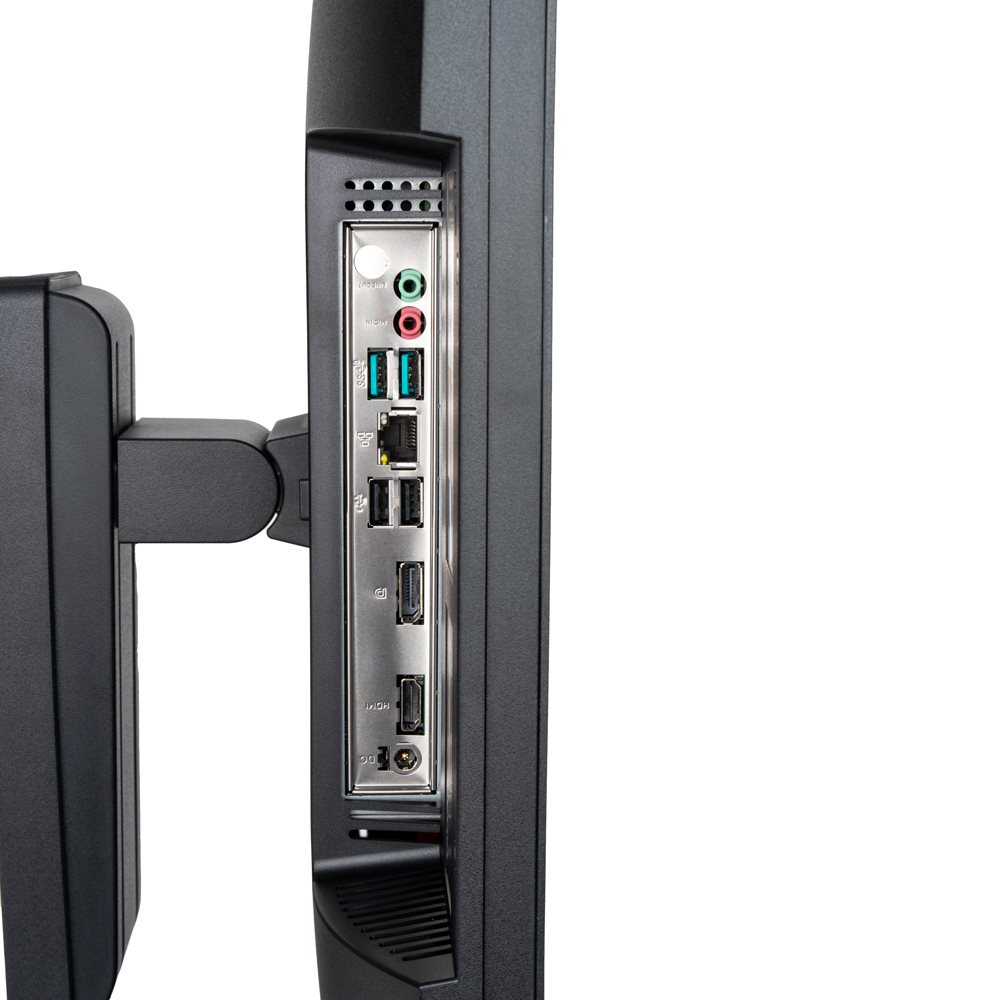 Tył monitora komputera z widocznymi portami, białe tło.