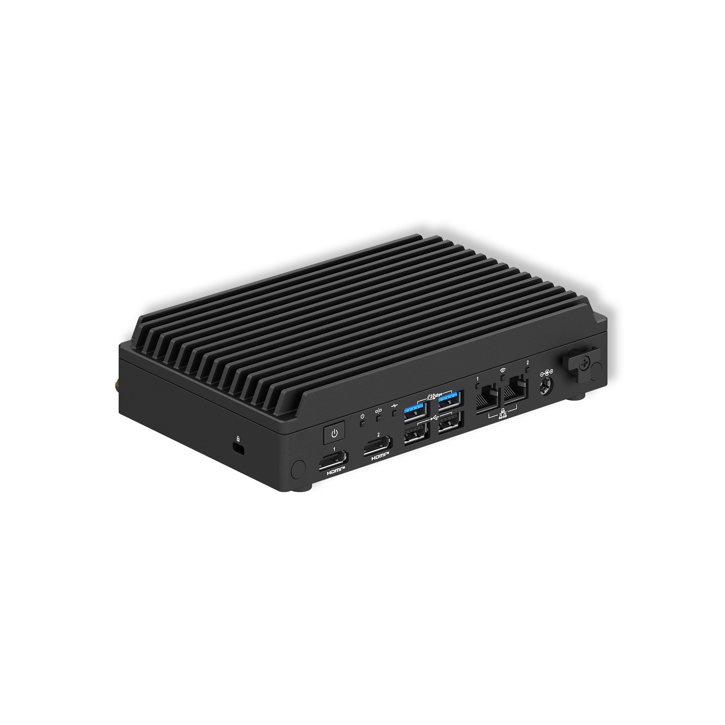 Czarny mini PC z widocznymi portami. Elegancki design, górne otwory wentylacyjne. Porty HDMI, USB. Białe tło.