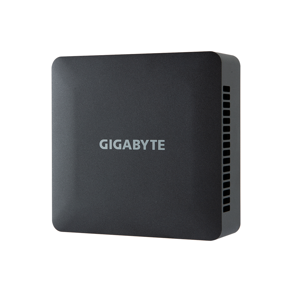 Computer Gigabyte nero. Design compatto. Sfondo bianco. Logo Gigabyte visibile.