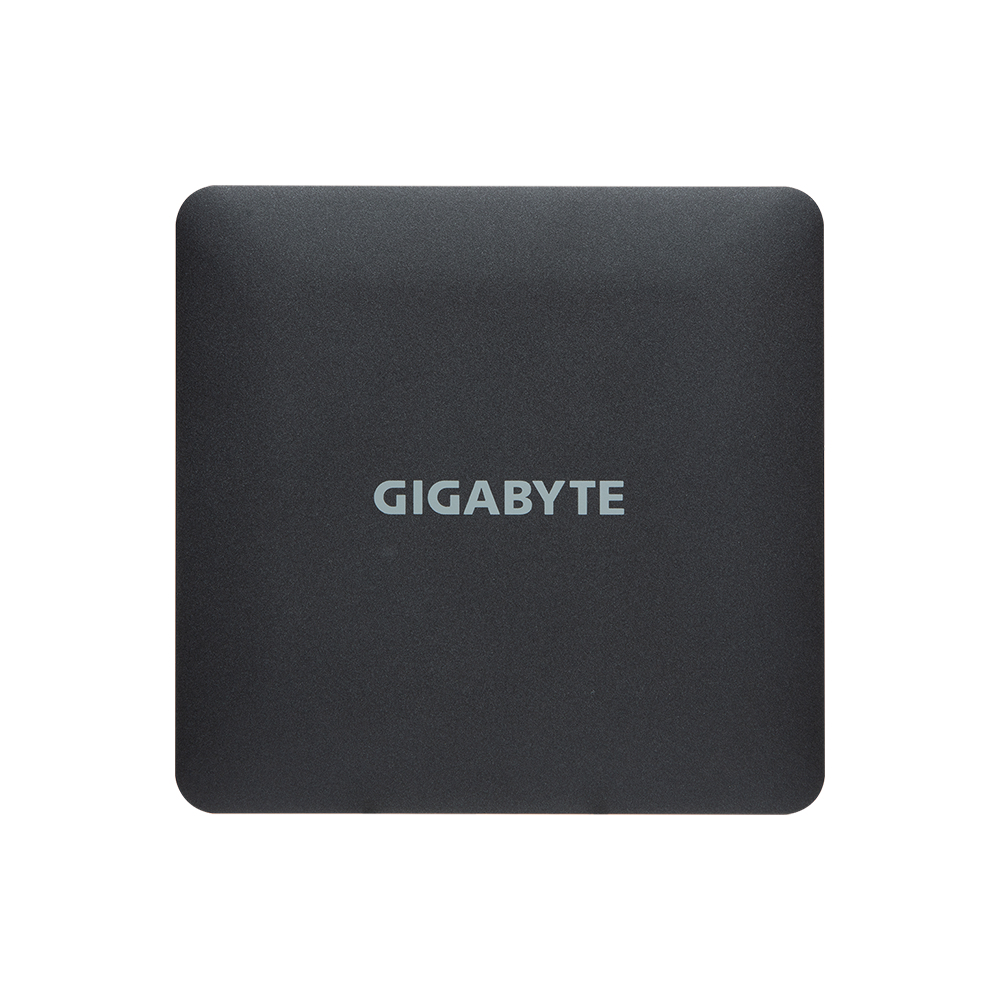 Un mini PC GIGABYTE nero con il logo GIGABYTE in bianco sulla parte superiore.