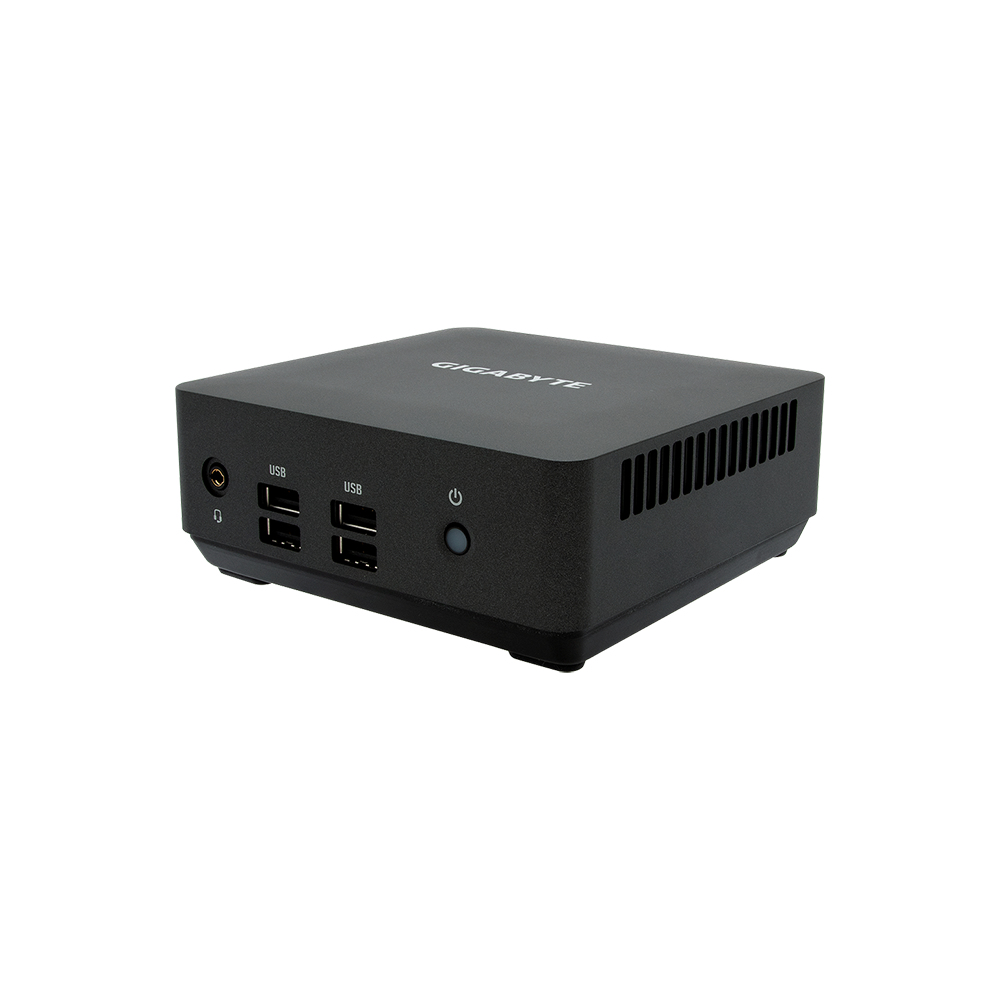 Mini PC Gigabyte nero. Vista frontale con porte USB e pulsante di accensione.