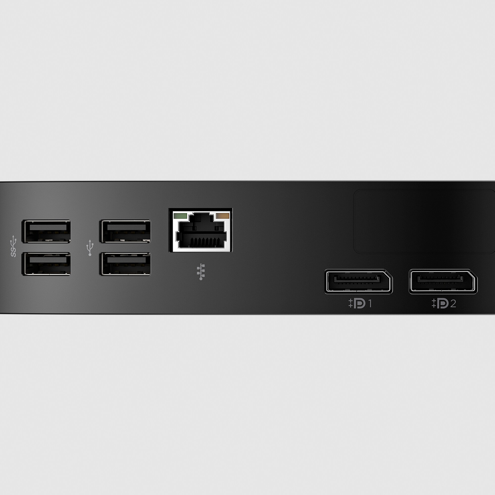 Schwarze Rückwand eines Geräts mit USB-Anschlüssen, Ethernet-Anschluss und Display-Anschlüssen.