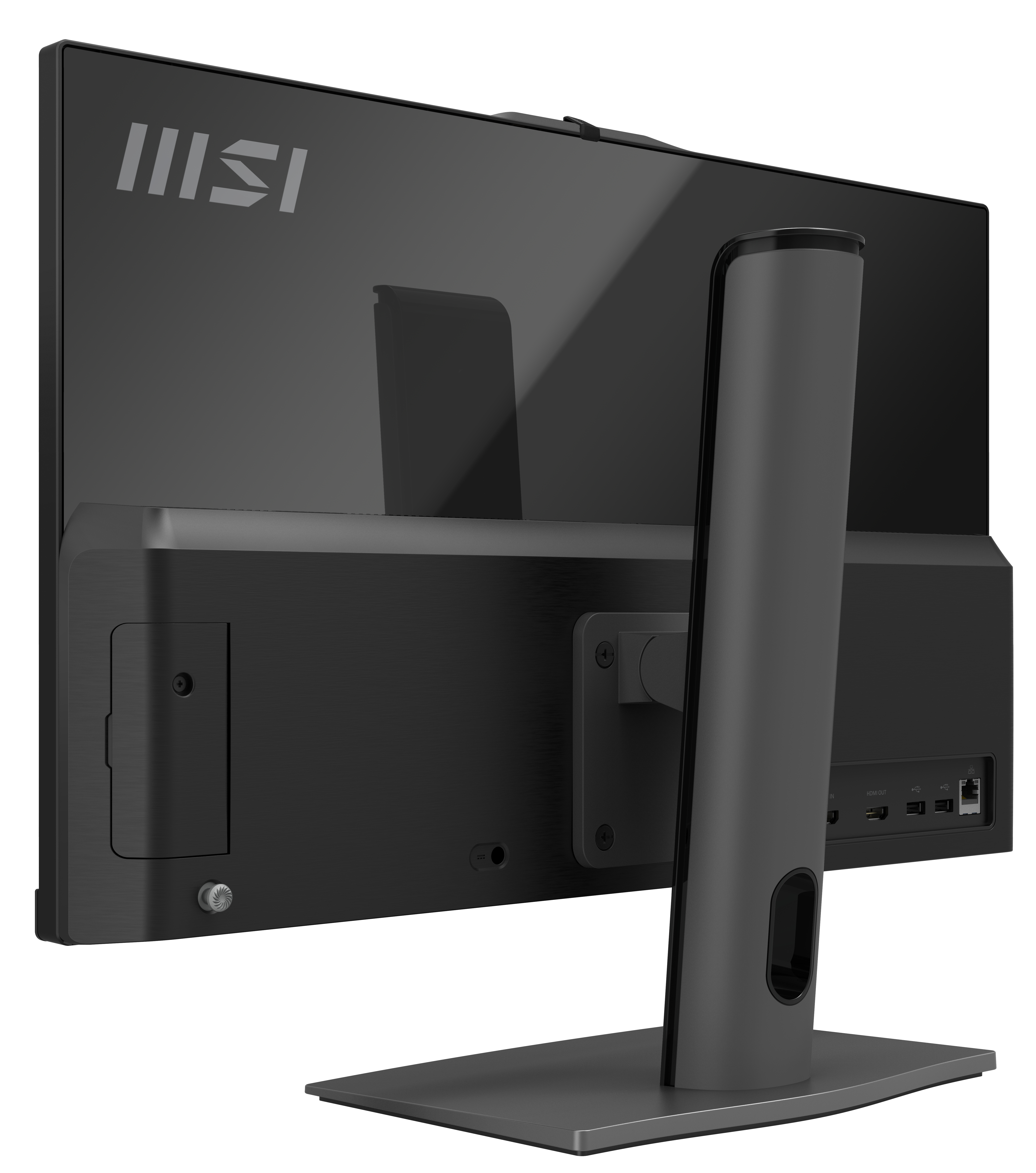 Vista posteriore di un monitor per computer MSI nero con supporto e porte.