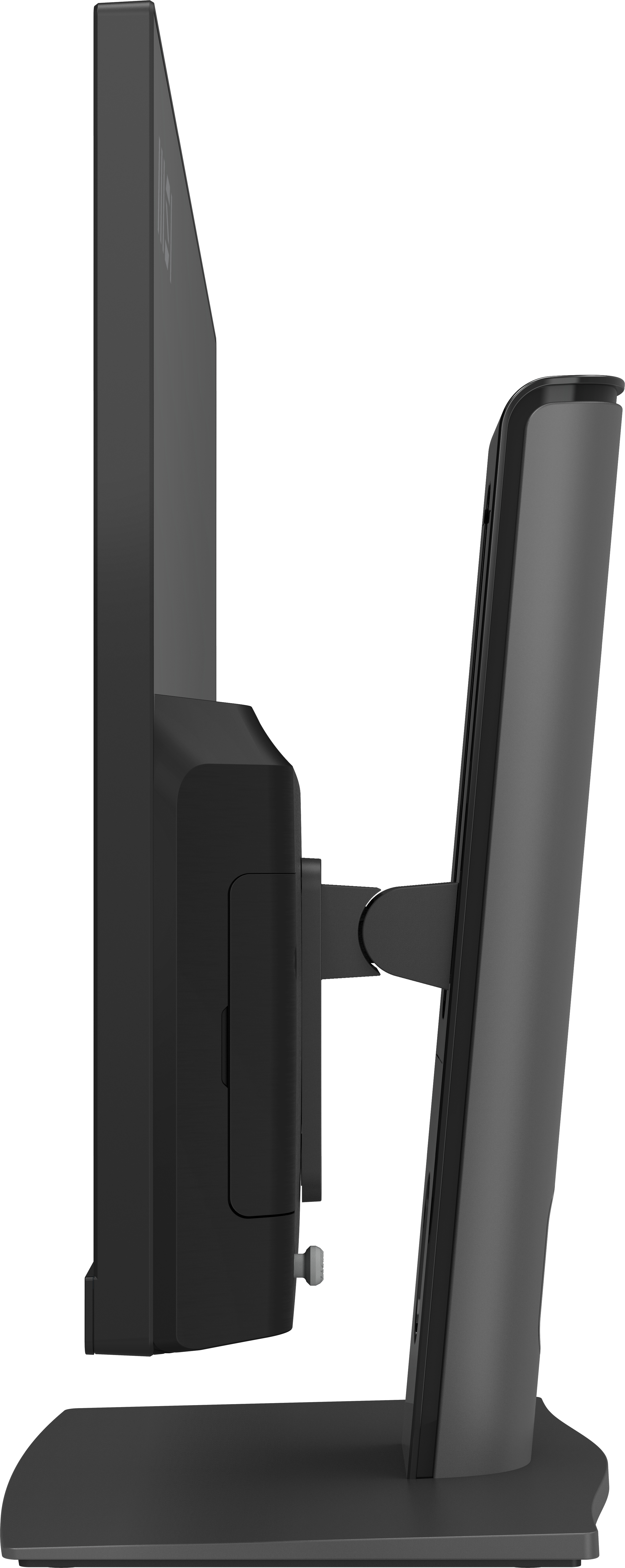 Vista laterale di un monitor per computer nero con supporto. Lo schermo è nero.