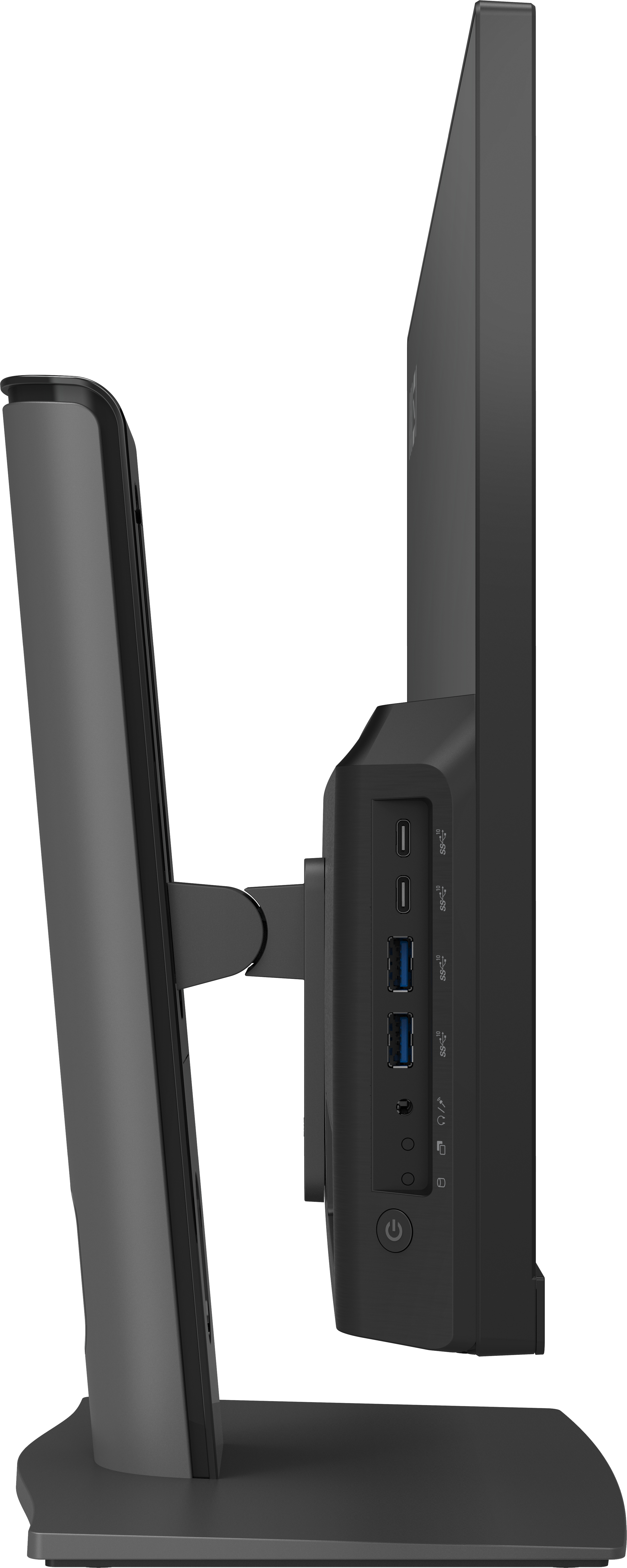 Vista laterale di un monitor nero con porte, tra cui USB e pulsante di accensione.