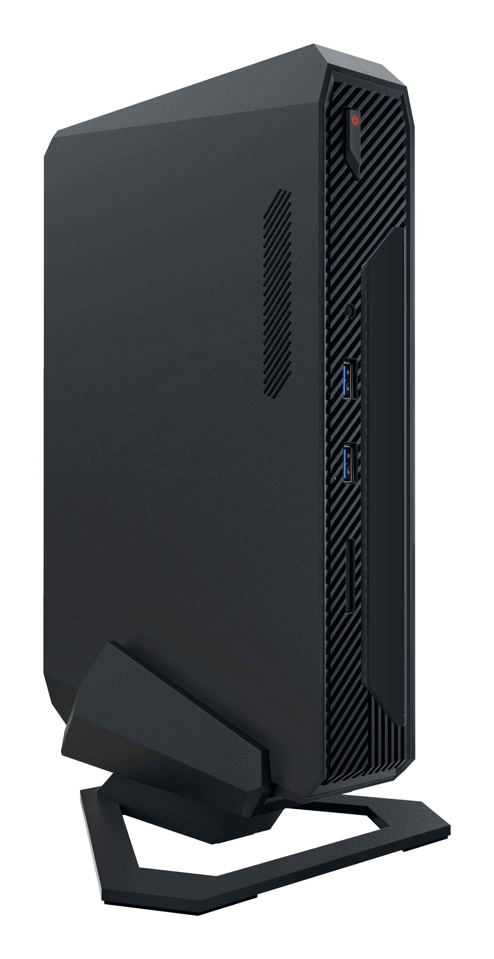 Torre PC gaming nera su un supporto, vista laterale, isolata su sfondo bianco.