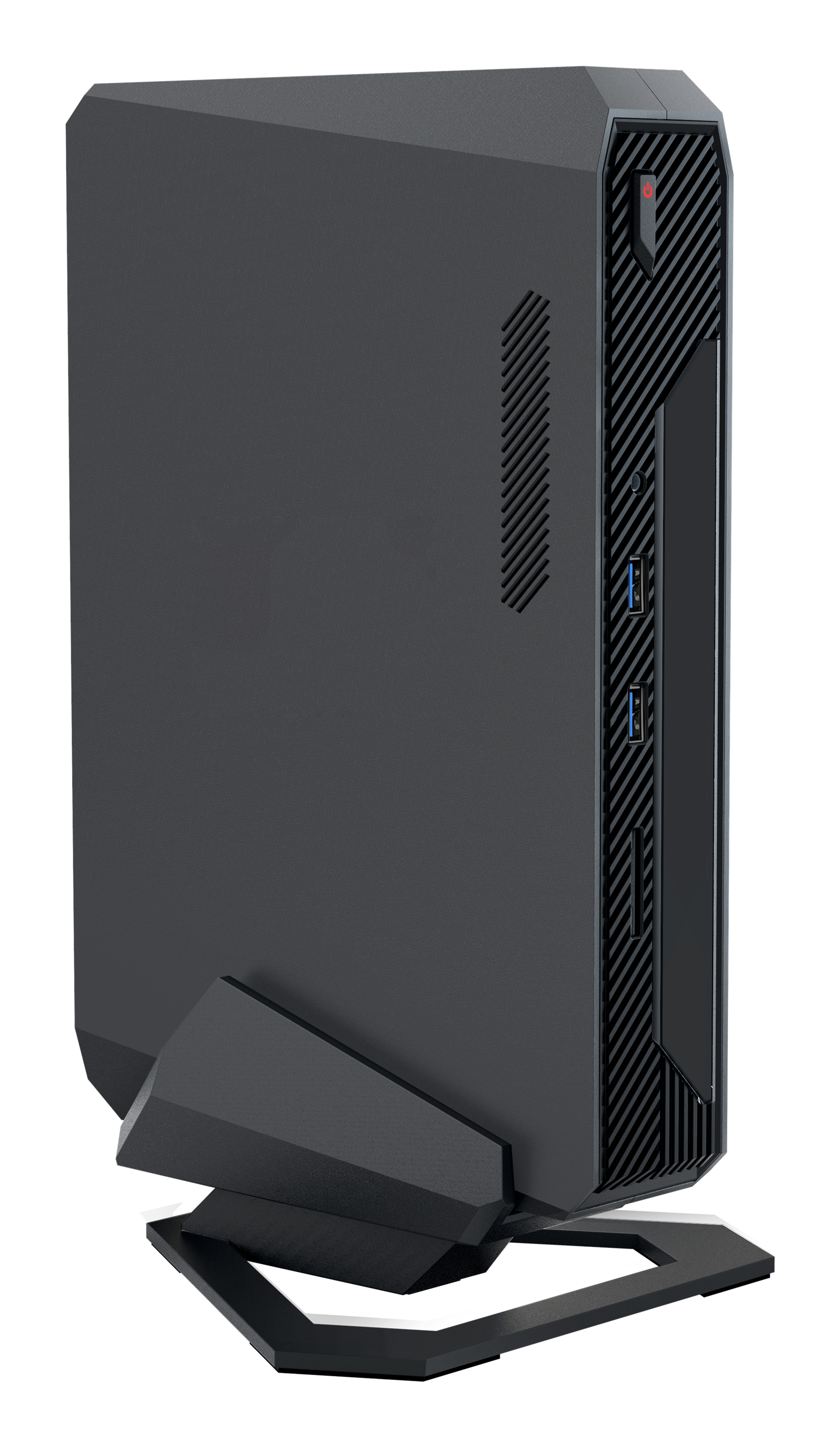 Case PC nero con design angolato, pulsante di accensione rosso e porte USB.
