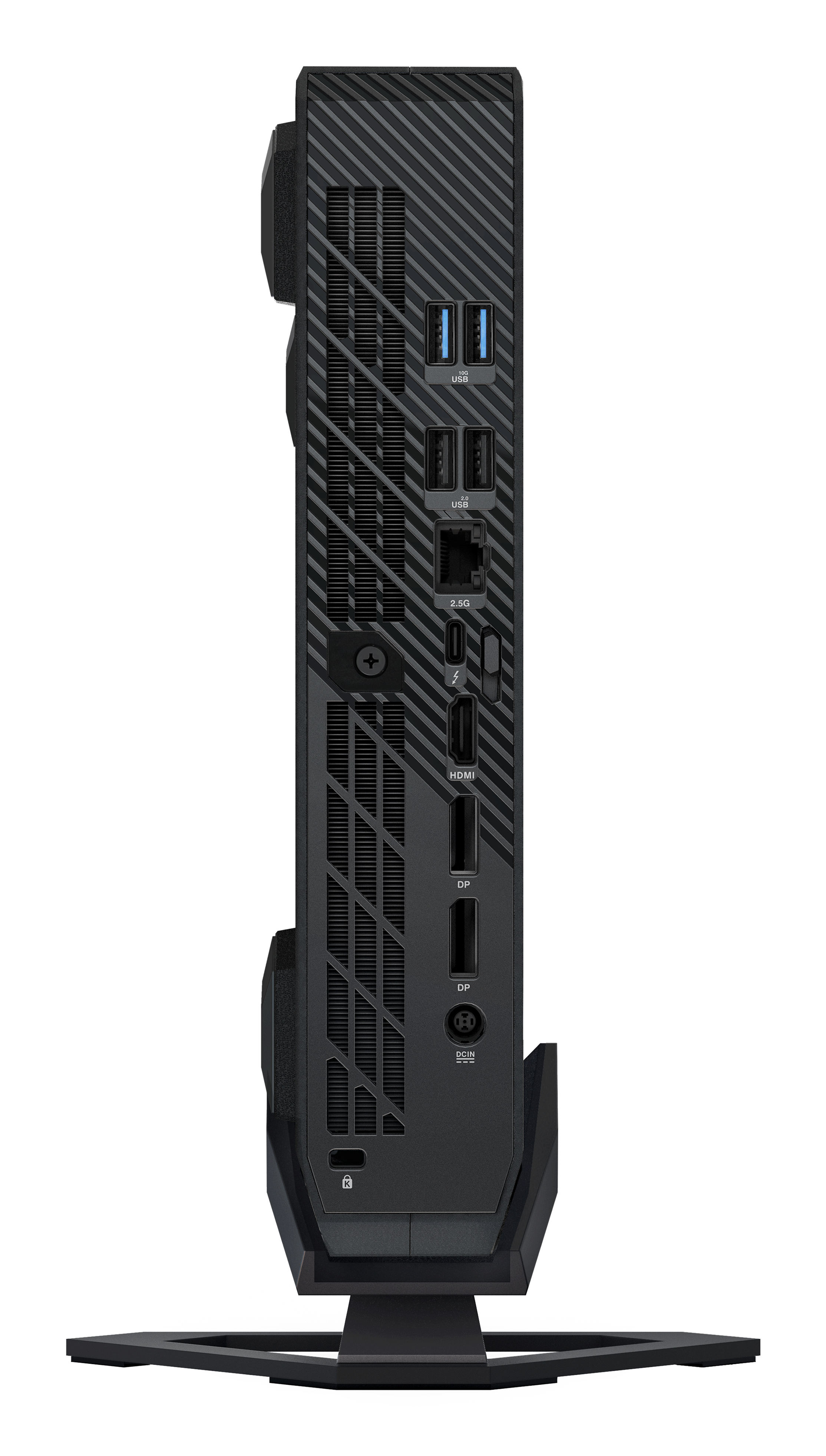 Mini PC nero verticale con porte e supporto, isolato su sfondo bianco.