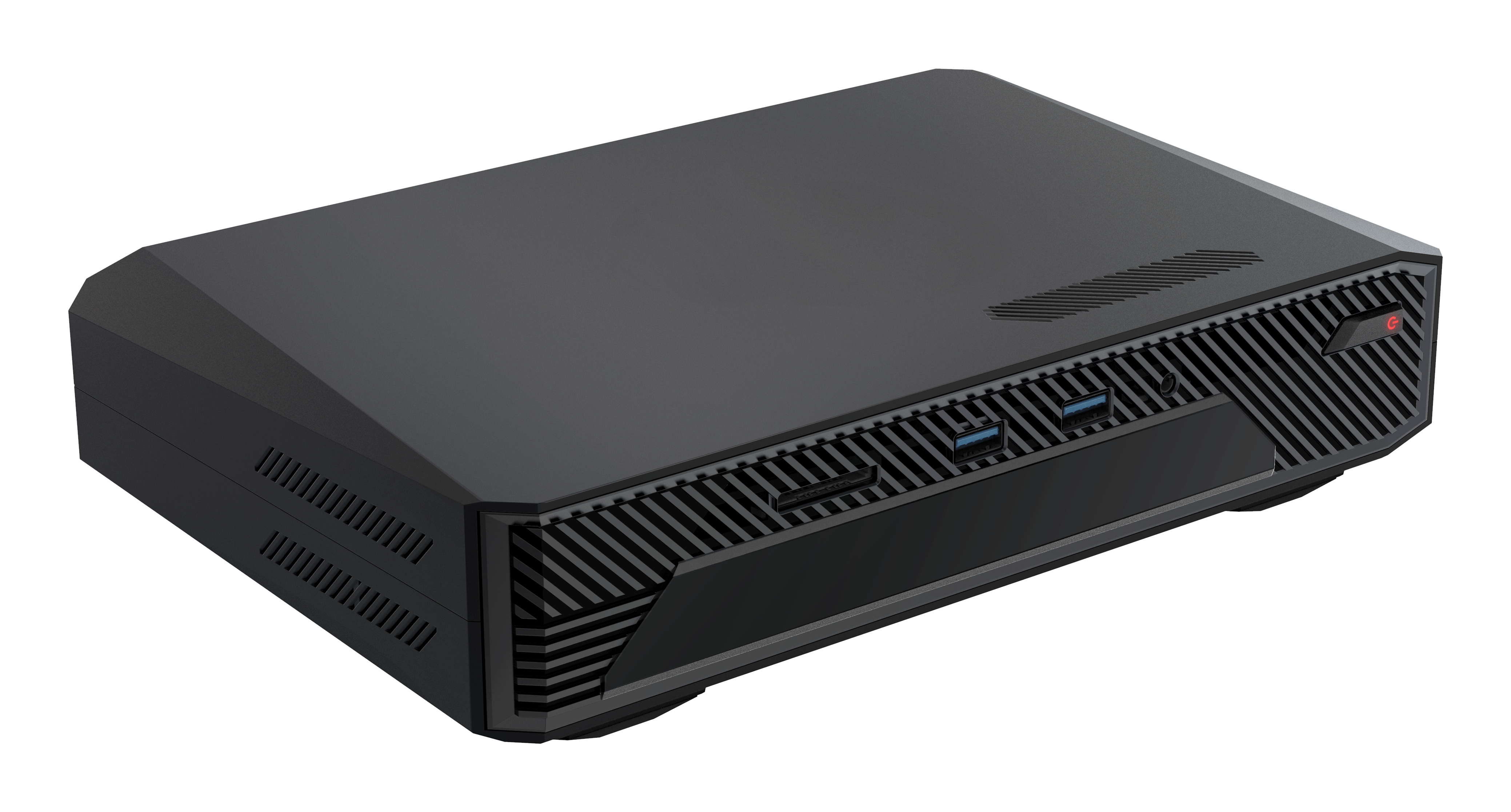 Un mini PC nero con un pannello frontale strutturato e porte USB e pulsante di accensione visibili.