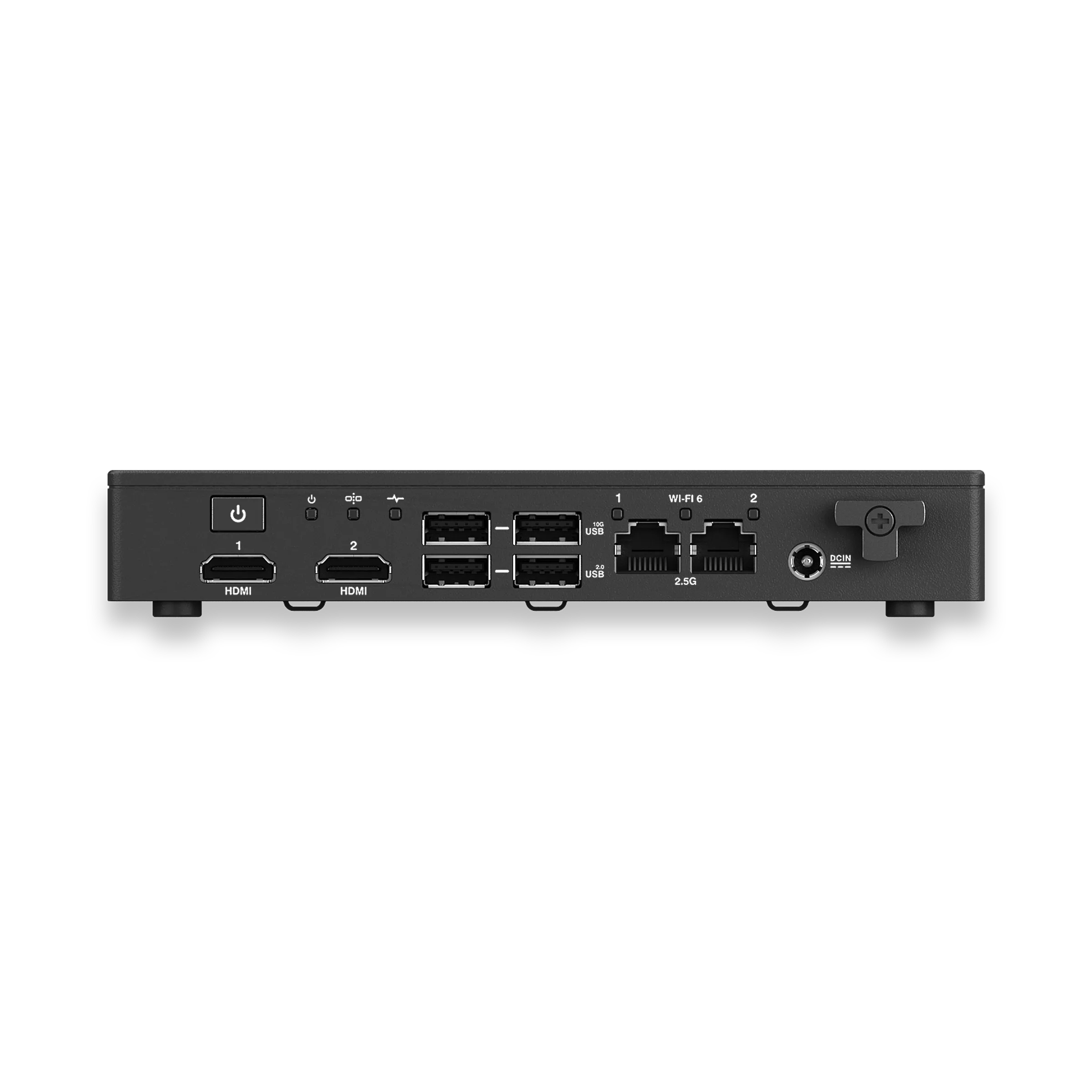 Widok z tyłu czarnego urządzenia komputerowego z portami HDMI, USB, Wi-Fi i zasilania.