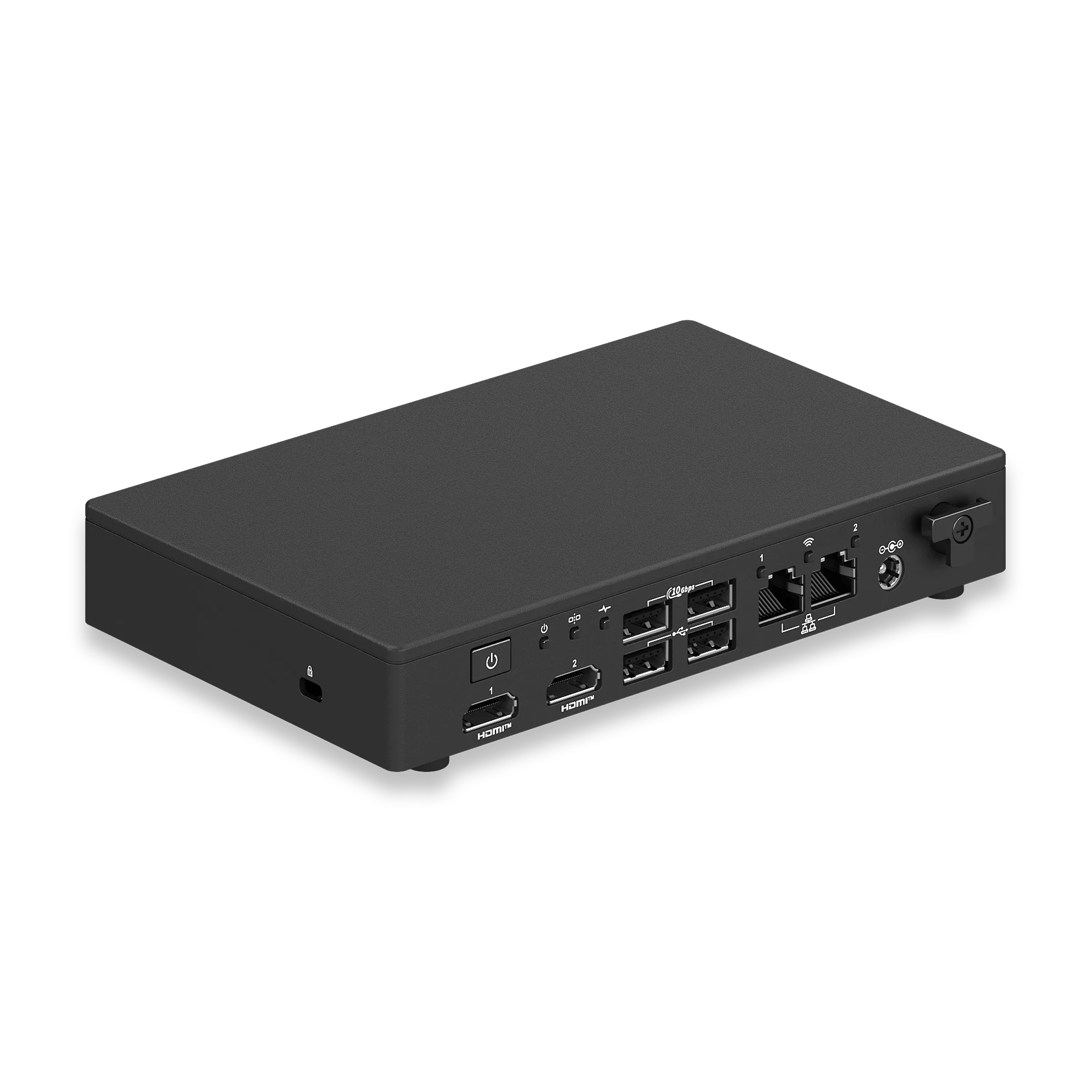 Czarne urządzenie z wieloma portami. Zasilanie, HDMI, Ethernet, USB.