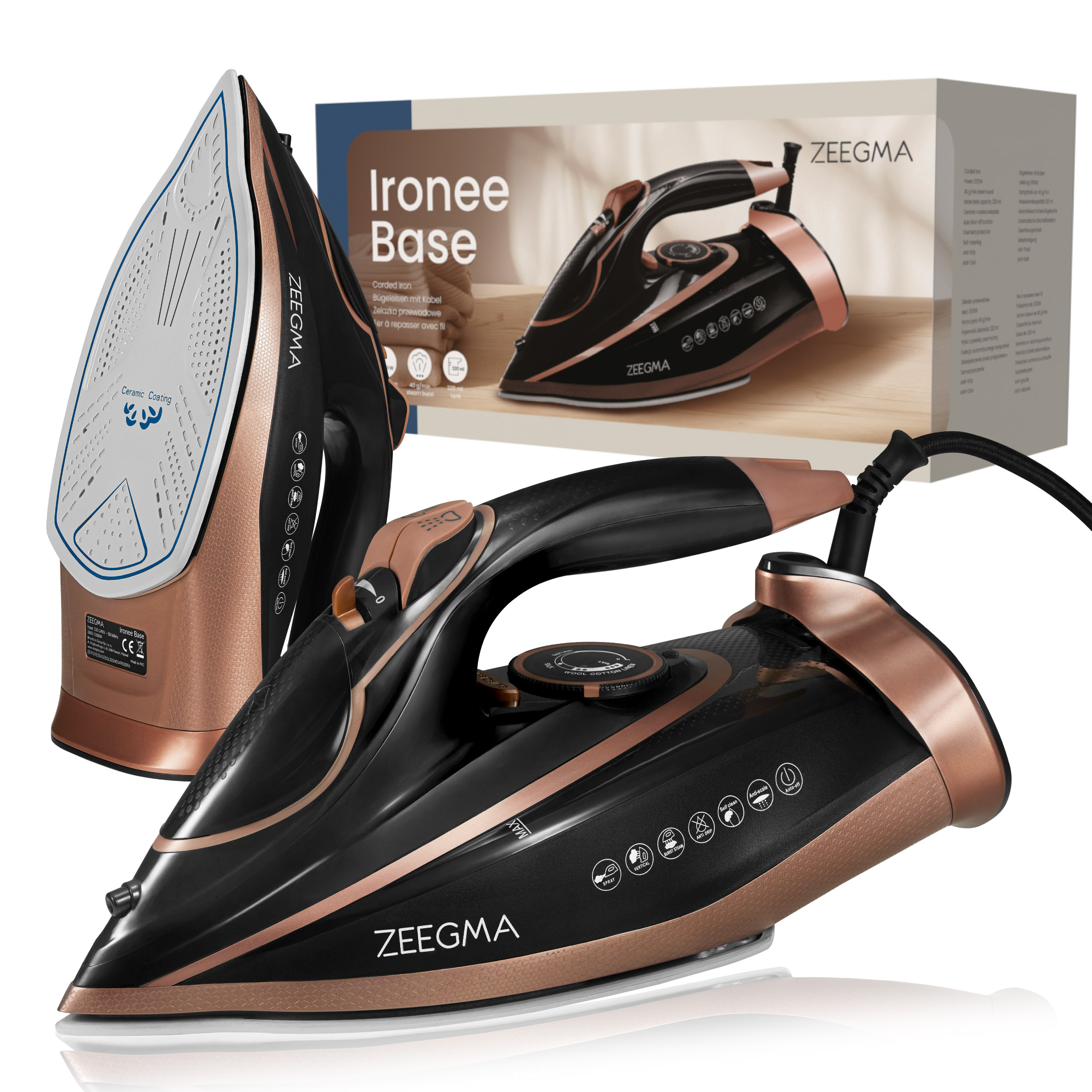 Czarne i miedziane żelazko z pudełkiem. Podstawa żelazka po lewej stronie. Białe tło.