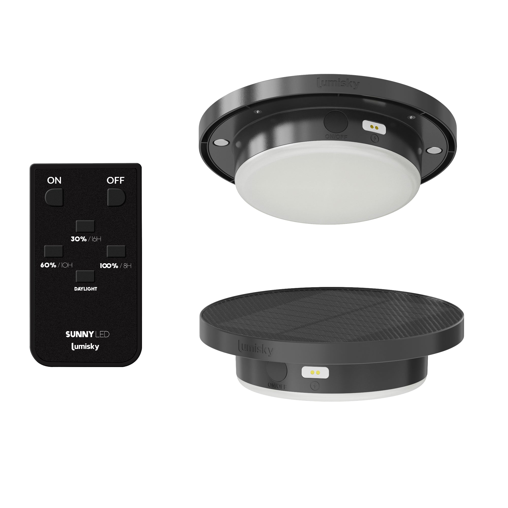 Schwarze Sunny LED-Leuchten mit Fernbedienung. Die Leuchten und die Fernbedienung sind auf weißem Grund.