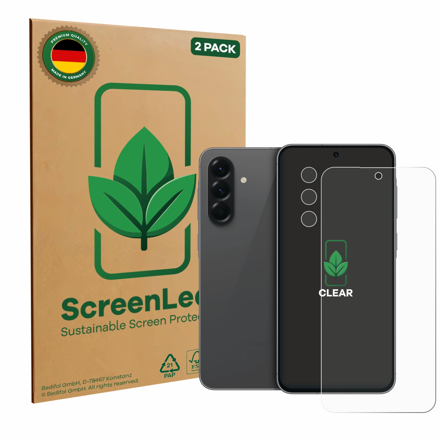 Ein Handy und ein Displayschutzfolien-Set. Auf einem Handy ist ein Displayschutz mit Blattlogo installiert.
