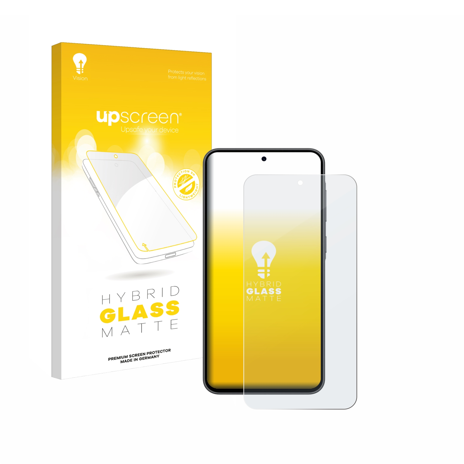 Eine Handyschutzfolie und ihre Verpackung. Die Verpackung zeigt eine Handy-Illustration.