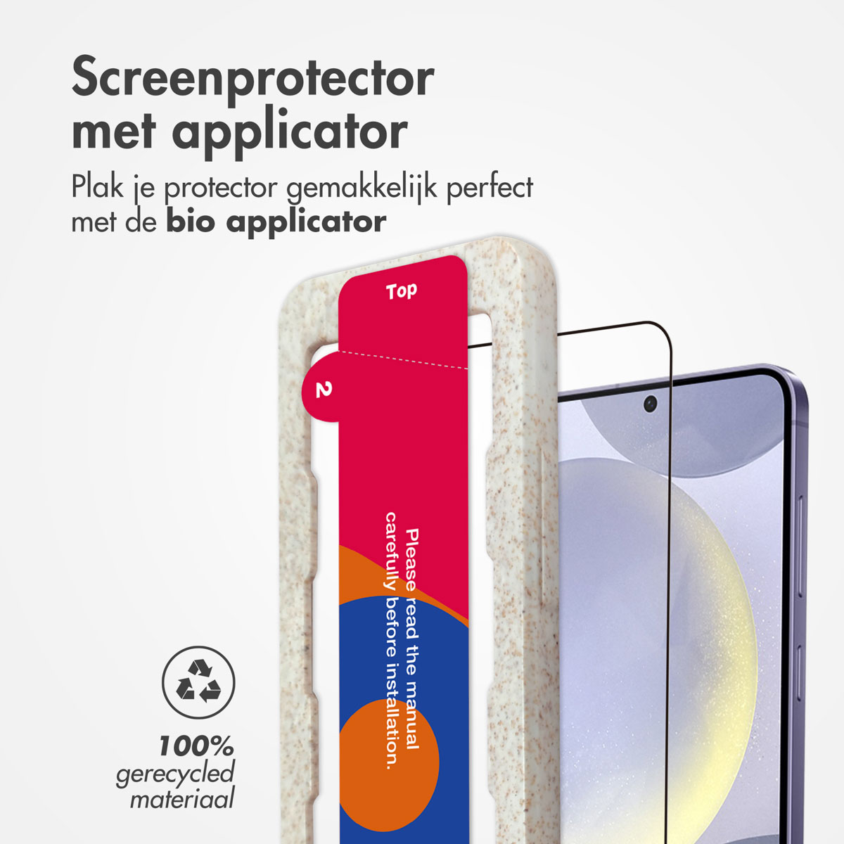 Protecteur d'écran avec applicateur, étui de téléphone et instructions.