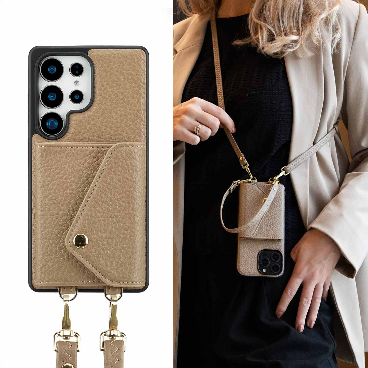 Vrouw met een telefoonhoesje met een bandje. De hoes is bruin, met een kaartsleuf.