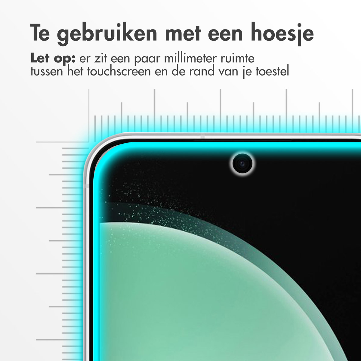 Écran de téléphone avec une règle montrant le bord de l'écran.