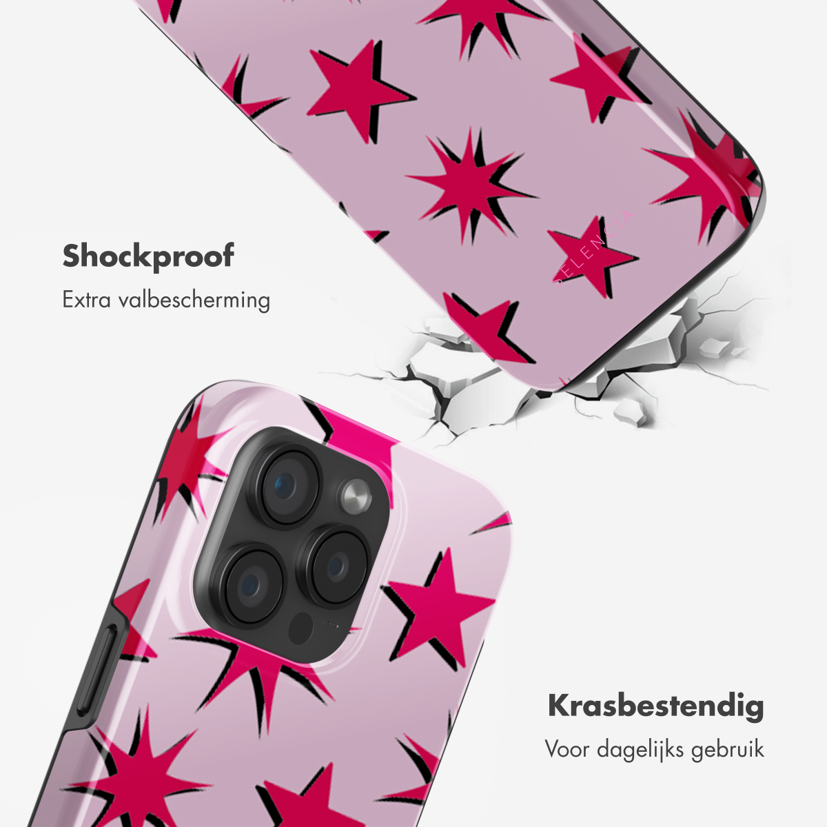 Coque de téléphone rose avec motif étoiles rouges, texte : Antichoc, fond blanc.