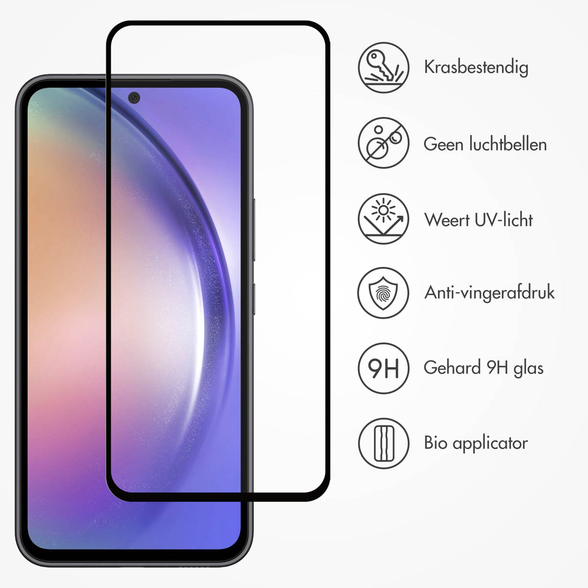 Telefoon met schermbeschermer en iconen op witte achtergrond.