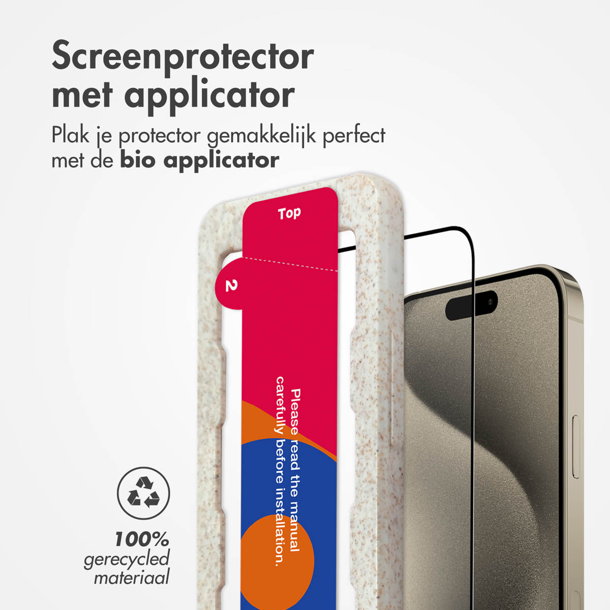 Screen protector kit, with a phone case and a red marked applicator for easy installation.